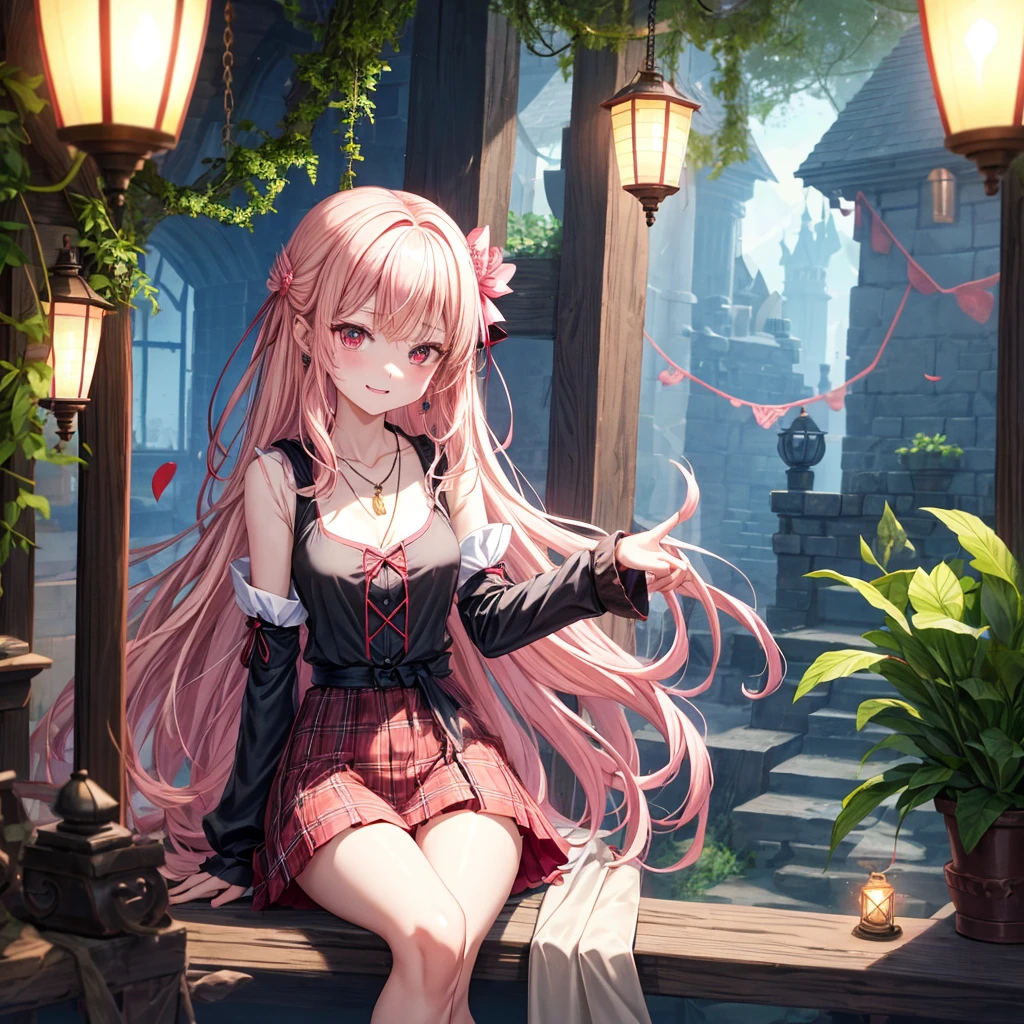 pink blonde、red eyes、one good looking girl、solo、anime、plaid mini skirt、the skirt has buttons、black camisole、black t-shirt、dress、wearing a ribbon、ribbon at waist、cloak、hood、stone slabs are piled up、raising one hand、crystal earrings、monster castle、jewelry necklace、Light and shadow、Hundreds of Ghosts at Night、lantern、sitting、legs crossed、mirror、tunnel、clock、Stuck in the wall、universe、fern plants、petal、tilting one&#39;s face、teeth are visible、Red carpet、magic、unicorn