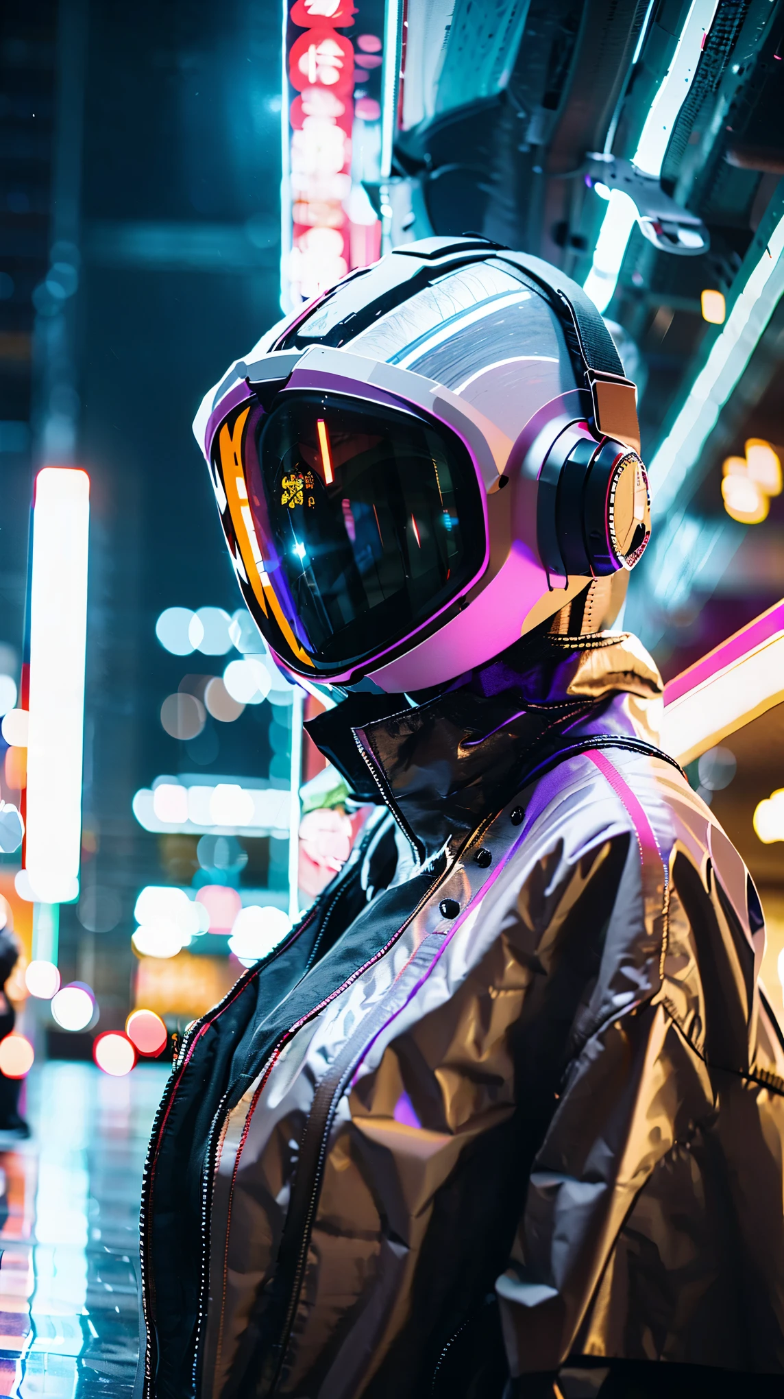 (Good structure),HDR,UHD,8K,1girl,Cyberpunk protective clothing,Cyberpunk gas mask,Cyberpunk protective helmet,A glowing helmet,Neon lights,Neon color,ground vehicle,helmet,night,Mask screen reflection,Oblique side close-up,machinery,Upper body,Cyberpunk,mecha,pilot suit,realistic,retro artstyle,science fiction