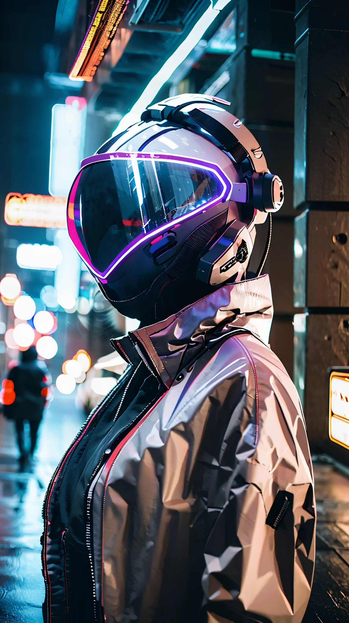 (Good structure),HDR,UHD,8K,1girl,blurry background,Cyberpunk protective clothing,Cyberpunk protective helmet,A glowing helmet,Neon lights,Neon color,Oblique lateral body,night,Mask screen reflection,depth of field,Upper body,Cyberpunk,ground vehicle,lights,neon lights,pilot suit,solo