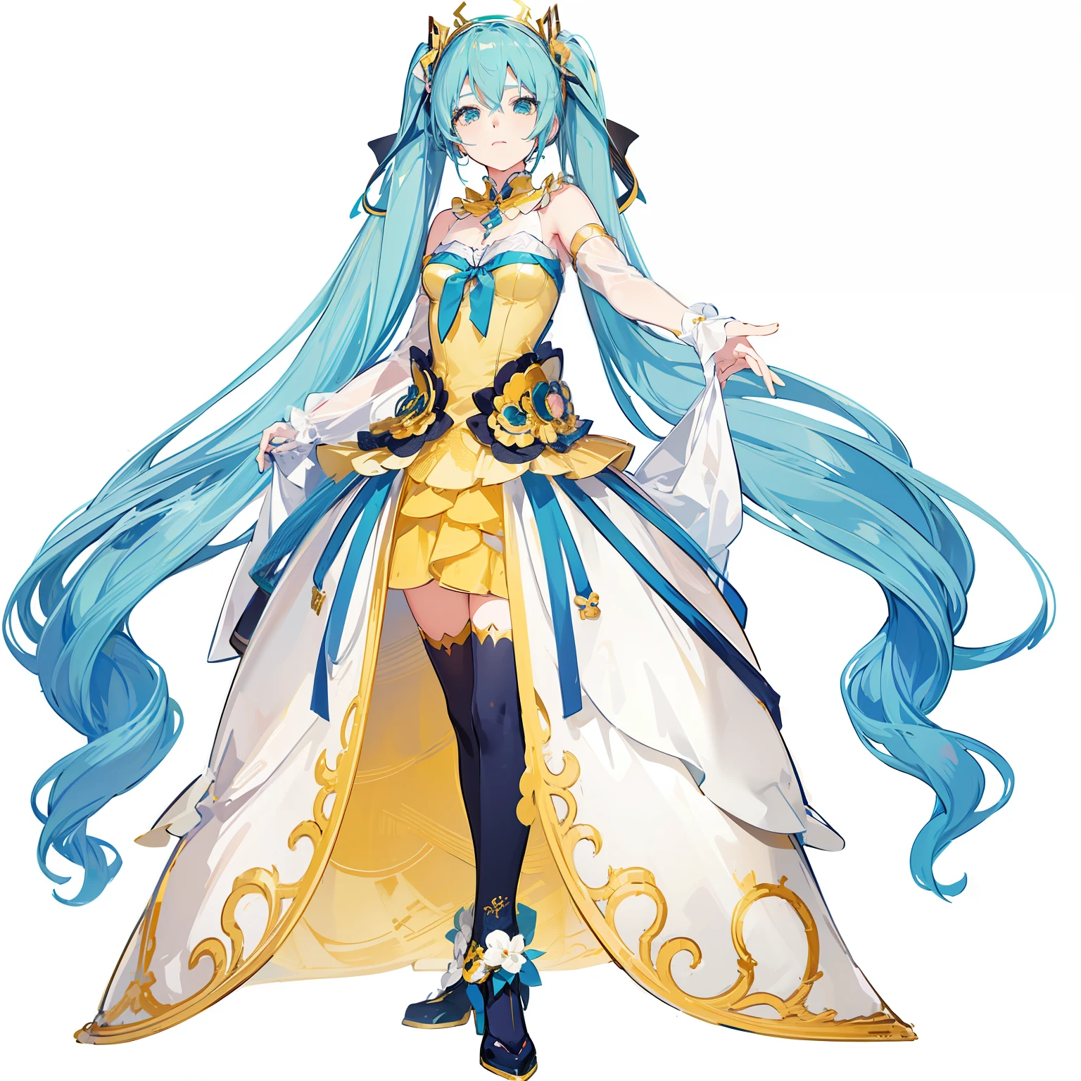 Close-up of a person with long hair wearing a dress, anime goddess, official character art, hatsune Miku, Vocaloid, Miku, Cyan and gold scheme, Best Anime Character Design Award, KonoSuba's Aqua, zodiac girl portrait knight, Cute anime wife in a nice dress, official art, hatsune Miku portrait, he was a real person