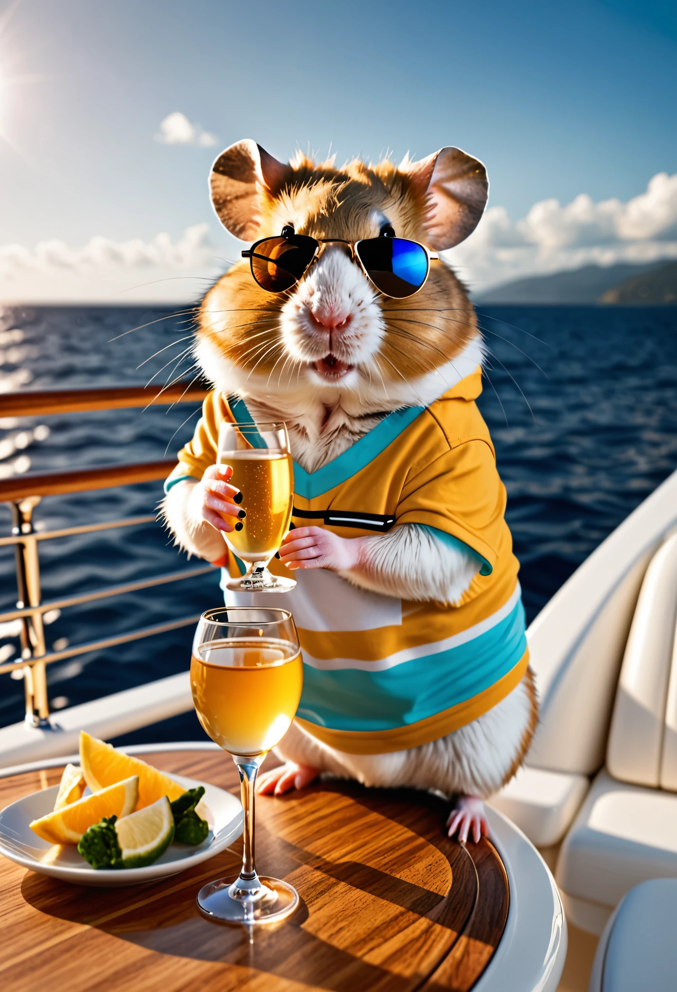 photorealistic cute hamster,on expensive yacht in a deep ocean,drinking champain,wearing colorful modern tshirt,Wearing an expensive golden watch and expensive sunglasses,