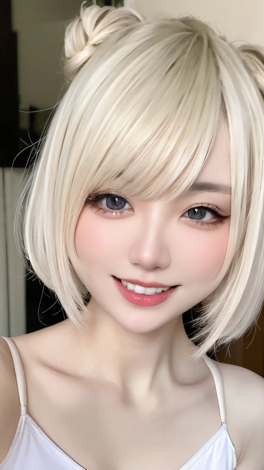 pretty girl, (ash blonde hair), ((very bun hair)), perfect face, innocent smile, Upper body,(Cerulean Eyes), (that), (), (thin), ((flat chest)), ((16 only)), skin dents, extreme details, attractive oval face, red lips, pink, Glossy skin, thin hair, face focus, close up of chest, luxurious hair ornament, gold earrings, ((1 girl)), embarrassed look,