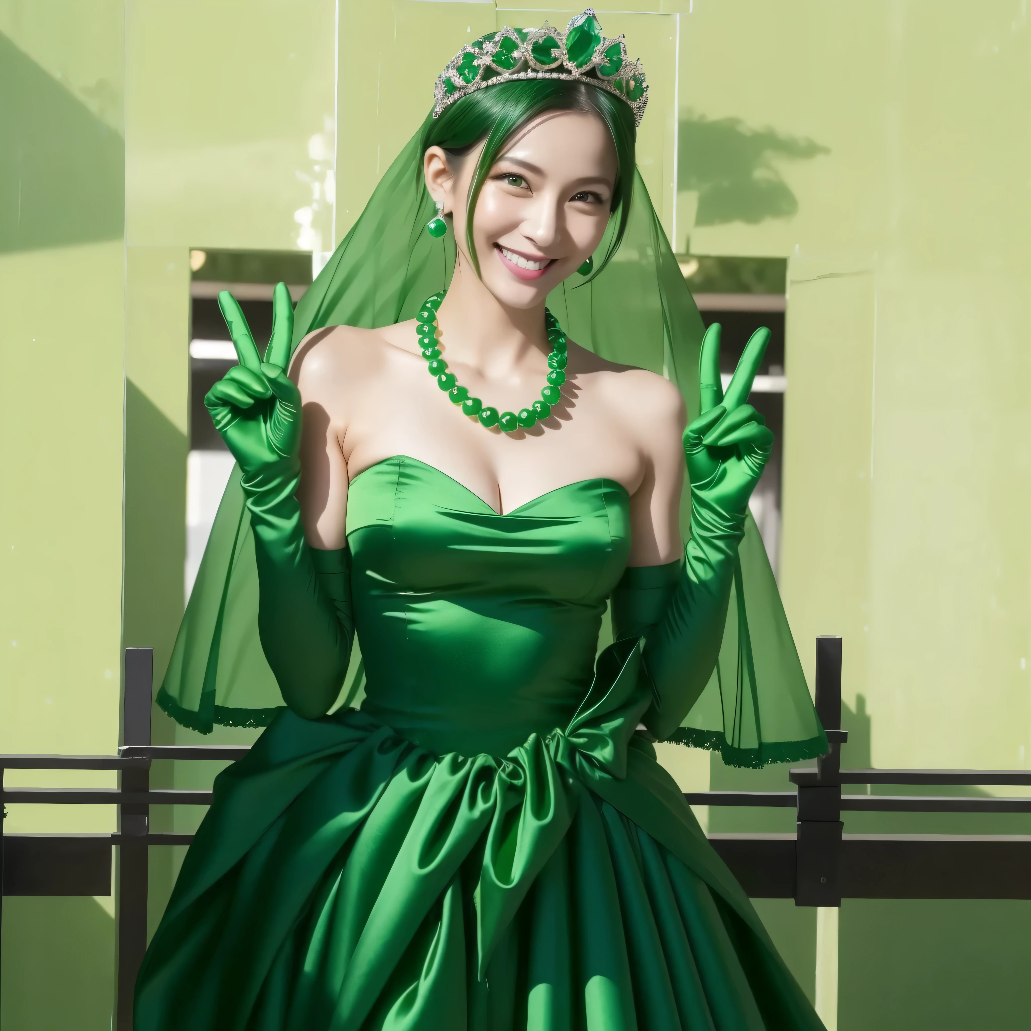 Beautiful Japan woman in her 30s, finger details, beautiful hands,emerald tiara, Green Pearl Necklace, Boyish green berry short hair, lipstick, smiling Japanese woman, very short hair, big breasts beautiful, green eyes, green satin long gloves, green eyes, emerald earrings, Green veil, v sign