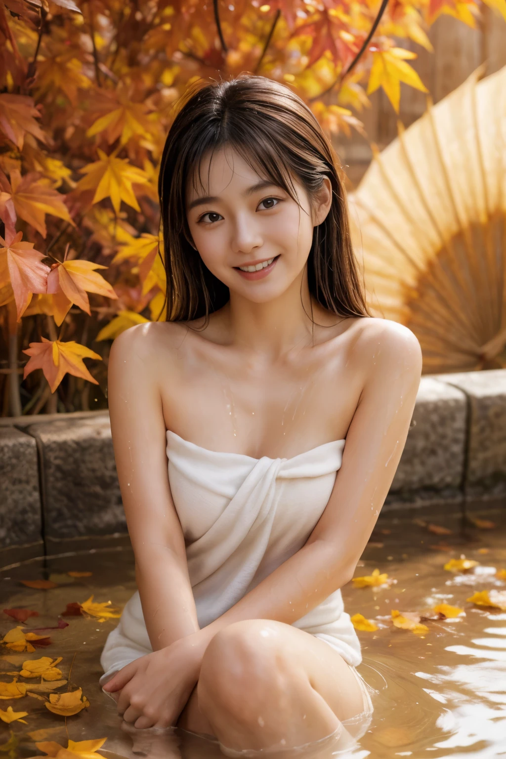 masterpiece、8k、32K、highest quality、(cute japanese woman:1.3)、Detailed description、1 Japanese girl、elegant、23 years old、(naked towel、cutting of:1.1)、(autumn leaves、sunny day:1.3)、Soak in the open-air bath、detailed background、cowboy shot、smile、Light of the sun、(get wet:1.2)