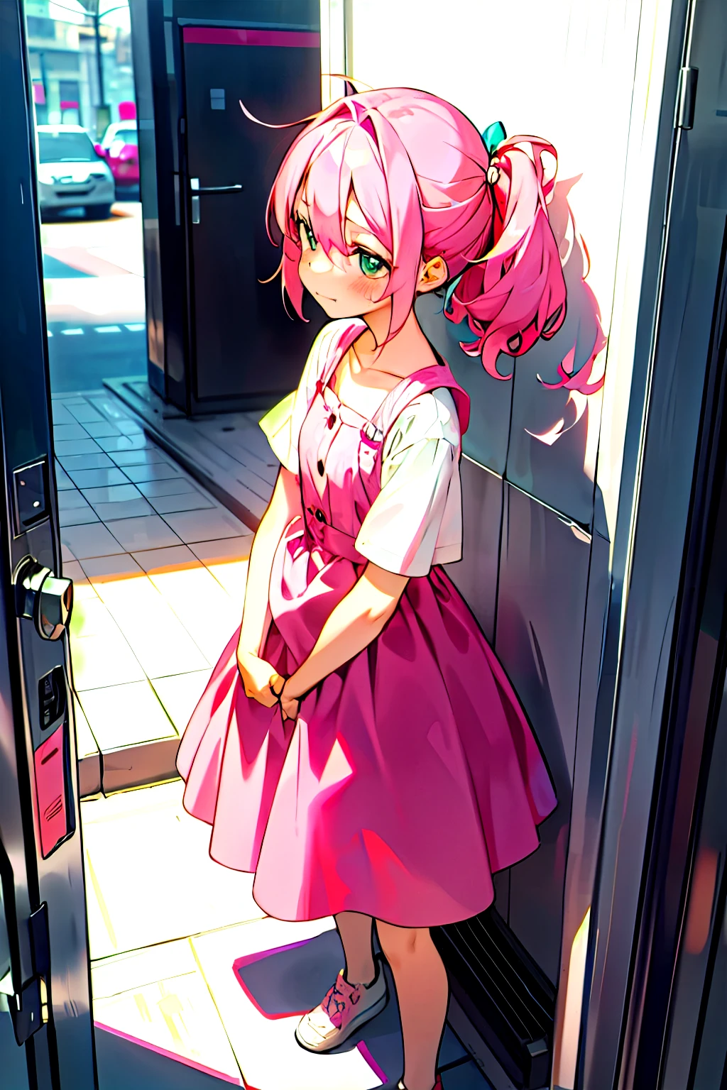 Cute pink hair、One girl in a cute dress、One girl takes to the bathroom、Look away、Standing、embarrassed from、Blushing、Keep your mouth shut、a street(Girl is peeing:1.2)