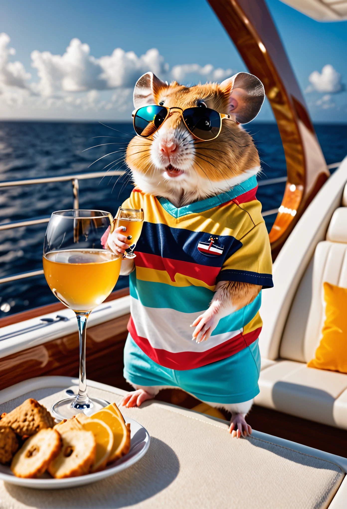 photorealistic cute hamster,on expensive yacht in a deep ocean,drinking champain,wearing colorful modern tshirt,Wearing an expensive golden watch and expensive sunglasses,