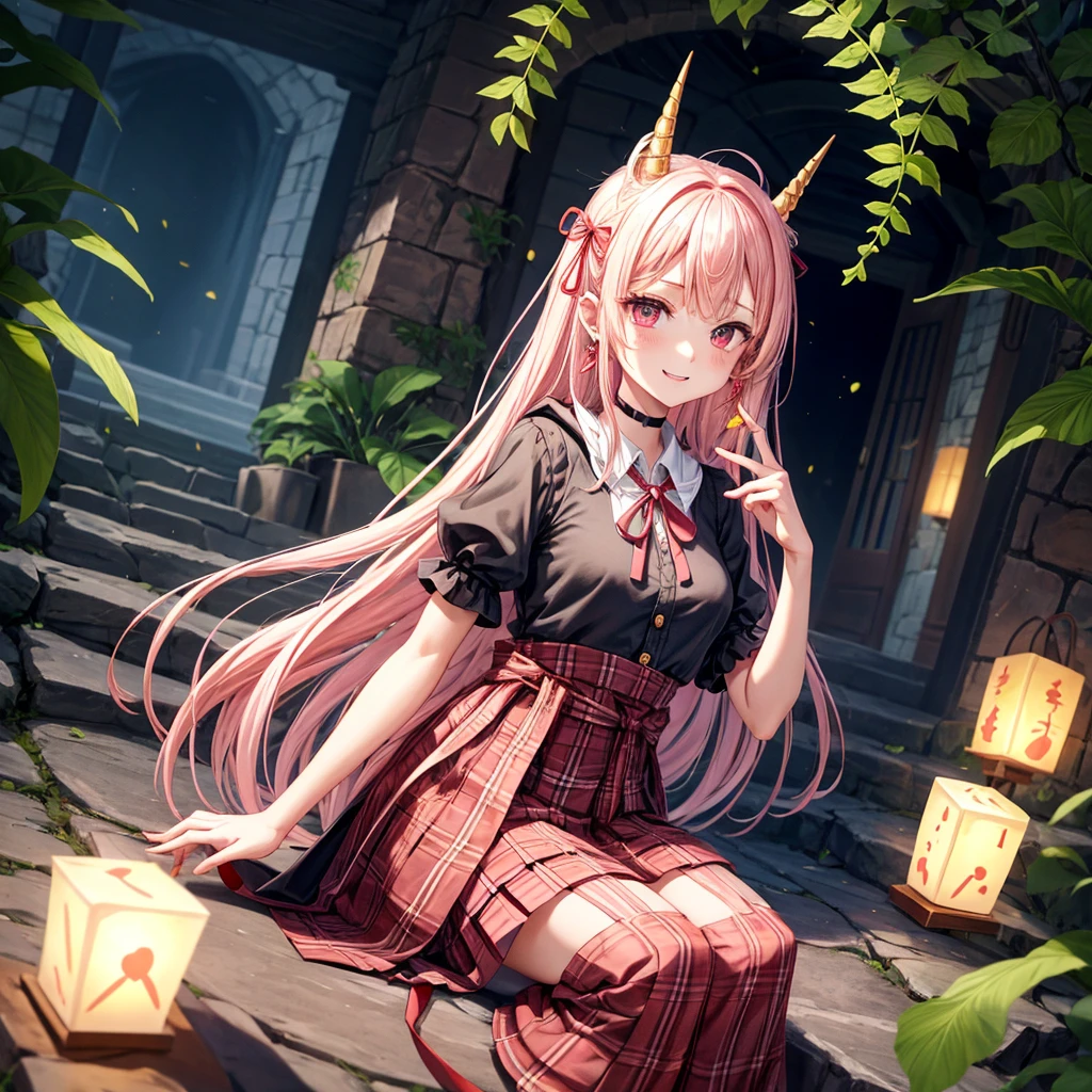pink blonde、red eyes、one good looking girl、solo、anime、plaid mini skirt、the skirt has buttons、black camisole、black t-shirt、dress、wearing a ribbon、ribbon at waist、cloak、hood、stone slabs are piled up、raising one hand、crystal earrings、monster castle、jewelry necklace、Light and shadow、Hundreds of Ghosts at Night、lantern、sitting、tunnel、clock、Stuck in the wall、universe、fern plants、petal、tilting one&#39;s face、teeth are visible、Red carpet、magic、unicorn