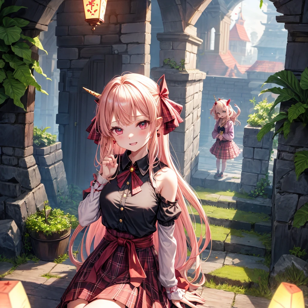 pink blonde、red eyes、one good looking girl、solo、anime、plaid mini skirt、the skirt has buttons、black camisole、black t-shirt、dress、wearing a ribbon、ribbon at waist、cloak、hood、stone slabs are piled up、raising one hand、crystal earrings、monster castle、jewelry necklace、Light and shadow、Hundreds of Ghosts at Night、lantern、sitting、tunnel、clock、Stuck in the wall、universe、fern plants、petal、tilting one's face、teeth are visible、Red carpet、magic、unicorn
