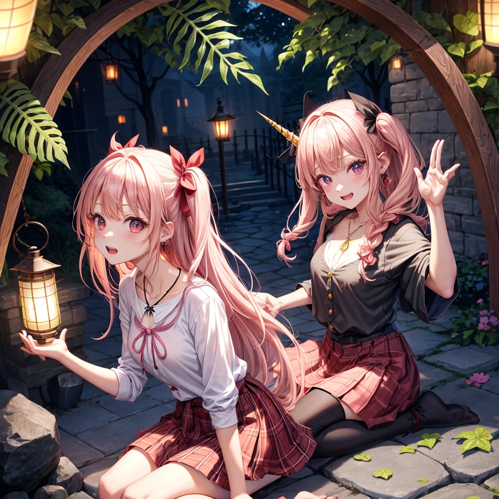 pink blonde、red eyes、one good looking girl、solo、anime、plaid mini skirt、the skirt has buttons、black camisole、black t-shirt、dress、wearing a ribbon、ribbon at waist、cloak、hood、stone slabs are piled up、raising one hand、crystal earrings、monster castle、jewelry necklace、Light and shadow、Hundreds of Ghosts at Night、lantern、sitting、tunnel、clock、Stuck in the wall、universe、fern plants、petal、tilting one&#39;s face、teeth are visible、Red carpet、magic、unicorn