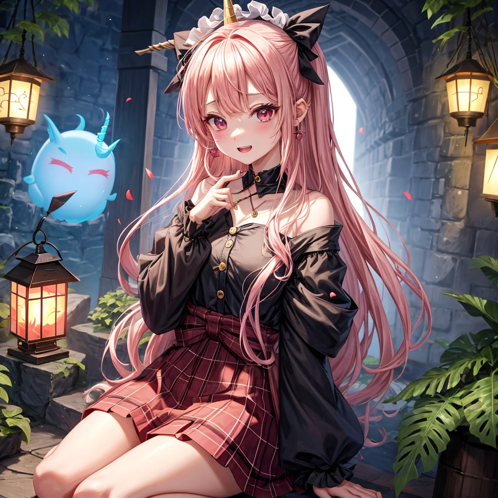 pink blonde、red eyes、one good looking girl、solo、anime、plaid mini skirt、the skirt has buttons、black camisole、black t-shirt、dress、wearing a ribbon、ribbon at waist、cloak、hood、stone slabs are piled up、raising one hand、crystal earrings、monster castle、jewelry necklace、Light and shadow、Hundreds of Ghosts at Night、lantern、sitting、tunnel、clock、Stuck in the wall、universe、fern plants、petal、tilting one's face、teeth are visible、Red carpet、magic、unicorn