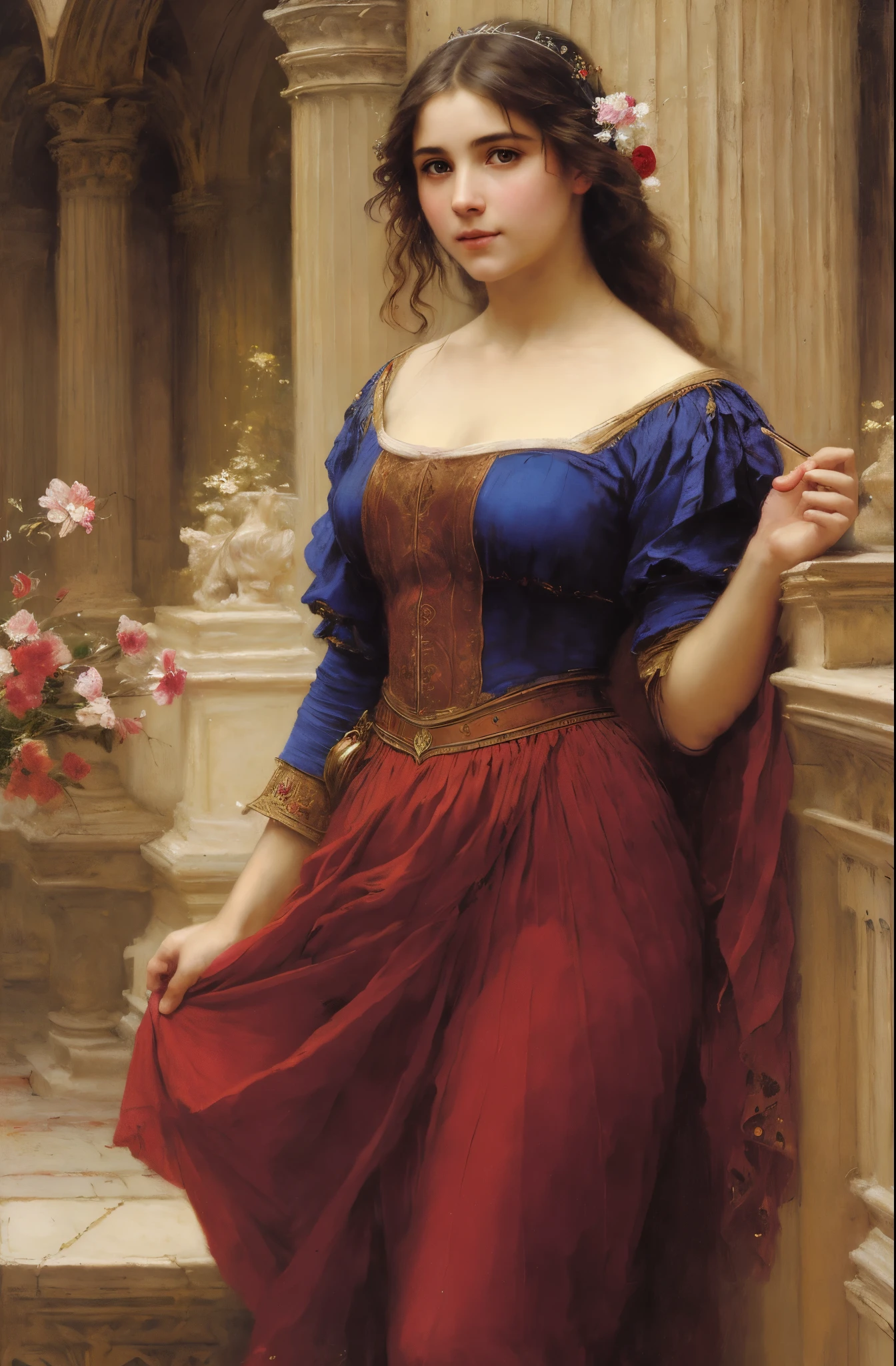 Masterpiece, Best quality, Ethereal beauty, portrait, girl, 35 years old Woman, middle ages, classicism, andrey atroshenko style, painting, traditional media, realistic, figurative, fine art, oil on canvas, HDR, 8K, original character, high resolution, high detail, by John William Waterhouse, focus on the face