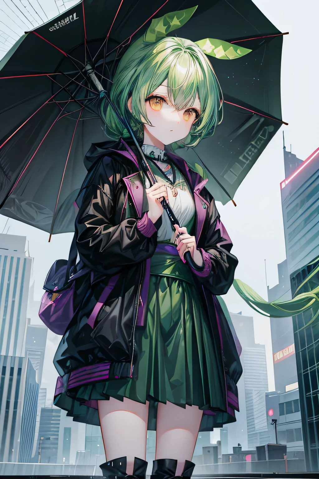masterpiece,1 girl, dark green hair, eyes are yellow, Girl seen from the front, beautiful face, black jacket and boots, Looking down in the middle of the road with an umbrella in hand, rainが降っている, At night, In the city of Japan, in the center of a skyscraper, vision, anime style, design, starry sky, rain