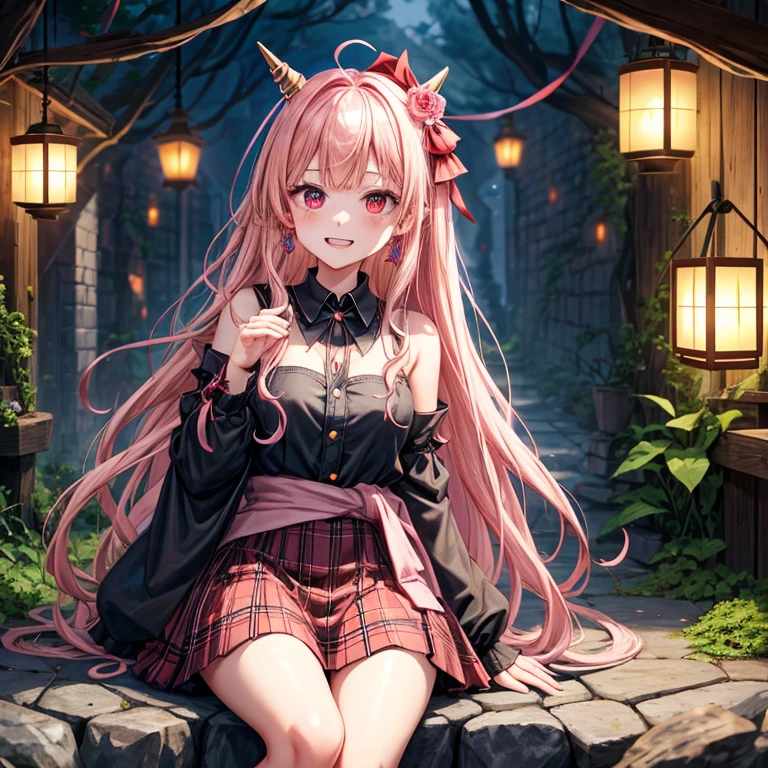 pink blonde、red eyes、one good looking girl、solo、anime、plaid mini skirt、the skirt has buttons、black camisole、black t-shirt、dress、wearing a ribbon、ribbon at waist、cloak、hood、stone slabs are piled up、raising one hand、crystal earrings、monster castle、jewelry necklace、Light and shadow、Hundreds of Ghosts at Night、lantern、sitting、tunnel、clock、Stuck in the wall、universe、fern plants、petal、tilting one's face、teeth are visible、Red carpet、magic、unicorn