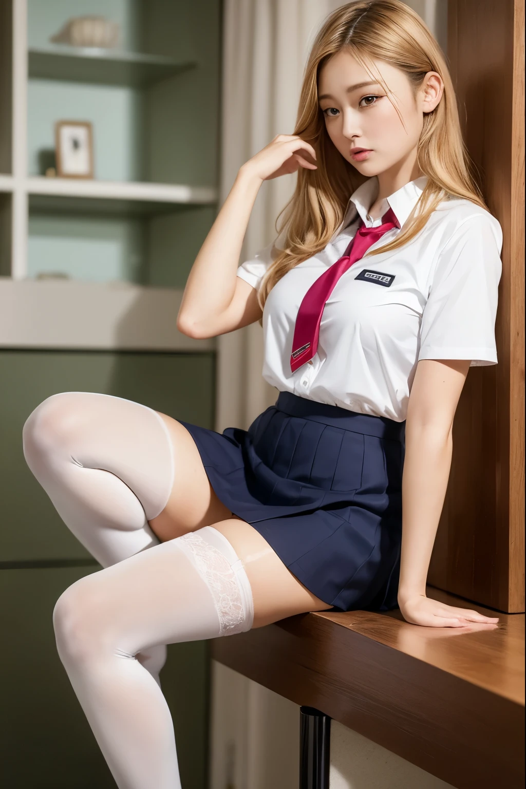 （highest quality，4k，masterpiece：1.2），Beautiful woman，1 girl，sexy：1.1，dark yellow hair：1.1，woman wearing school uniform，soaking wet uniform，super detailed face，lip details，fine eyes，double eyelid，miniskirt white stockings，stand up，(pants are visible、underwear is visible、Panty shot)、turn up the skirt、Full body shot，show the whole body