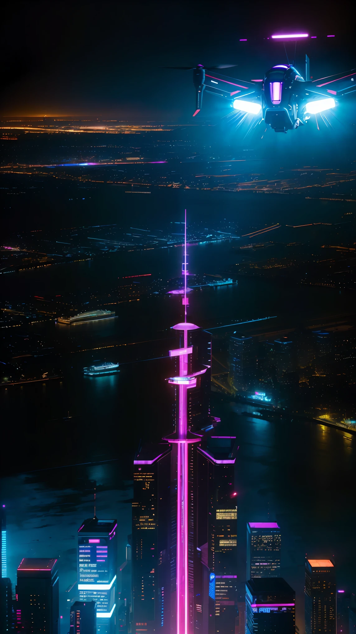 concept:(((This is an aerial photographic art work of a near-future city depicting a cyberpunk worldview.)))。 

quality:(最高quality, 4K, 8K, High resolution, masterpiece:1.2), Super detailed, (realistic, フォトrealistic, フォトrealistic:1.37), 

illumination:cinematic light, Bright colors and mesmerizing effects, contrast between darkness and bright light, shadows and highlights, SF elements, 

Subject information:Aerial photo of Cyber City, from above, skyscraper, futuristic architecture, glowing neon lights, amazing skyline, advanced technology, ((hovering vehicle, flying drone)), (((from aboveの視点で描く美麗なサイバーシティのイメージ:1.3)))

Other details:lively atmosphere, holographic advertising, cyberpunk aesthetics, bluish tones, some stars shining in the sky, space background, Emerging Technologies, urban density, energy and excitement, metropolis of the future, eye-catching composition, neon glow, rich colors, smooth brush stroke technique, detailed texture, Impressive scale, (((cyberpunk design))), elaborate design, Impressive scale, 大気illumination, Captivating details, captivating visuals, 芸術的なmasterpiece, 500㎜, f/4, photo shoot,
