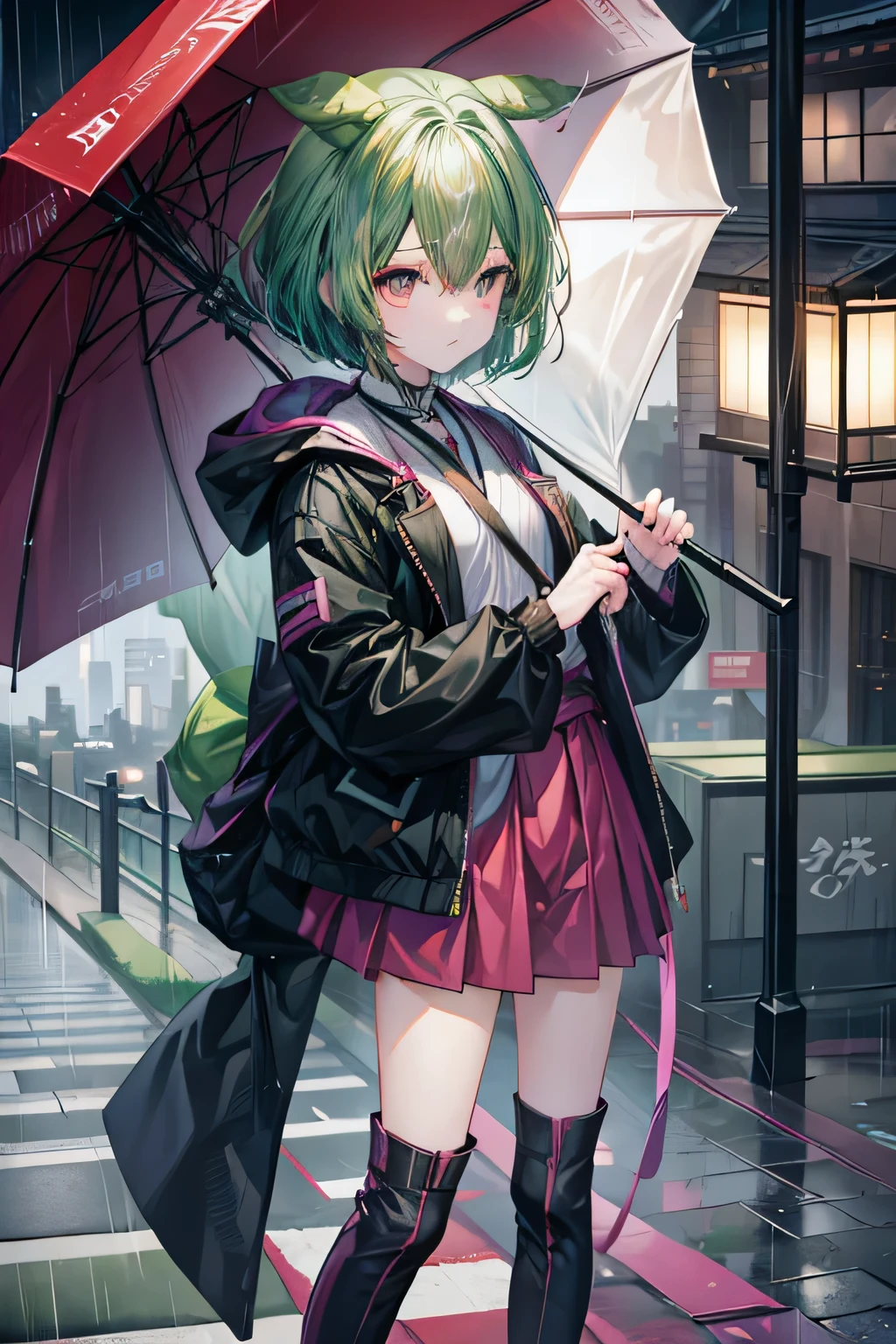 masterpiece,1 girl, dark green hair, eyes are yellow, Girl seen from the front, beautiful face, black jacket and boots, Looking down in the middle of the road with an umbrella in hand, rainが降っている, At night, In the city of Japan, in the center of a skyscraper, vision, anime style, design, starry sky, rain