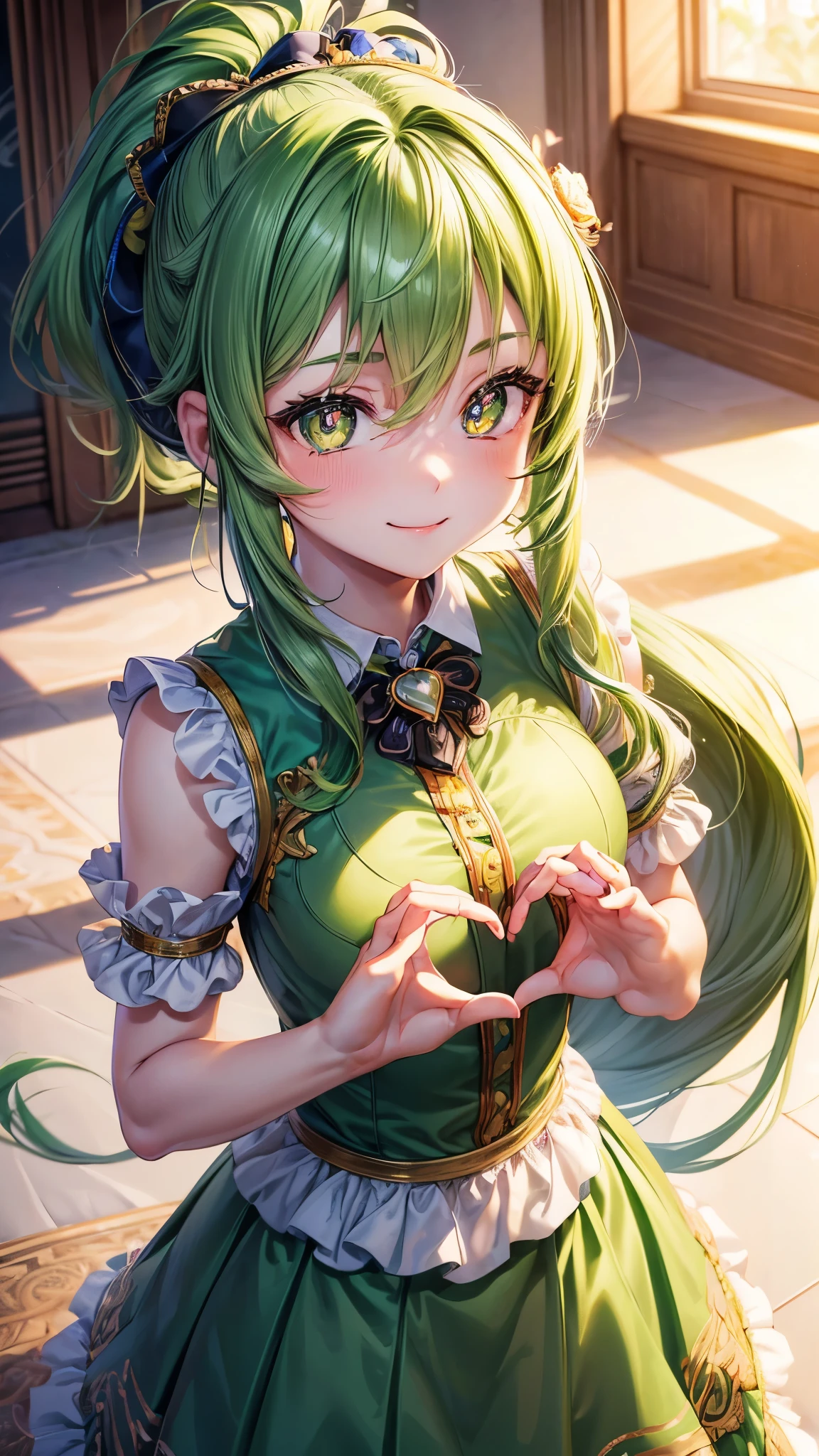 perfect anatomy, masterpiece:1.2, best quality, 8k, beautiful detailed grow, daydreaming expression, (((heart in hands))) close-up face (a ponytail green hair long hair cute girl, 14 yo, love smile), ((ultra-cute heart-shaped pupils eyes)), in a cute green rose dress, long skirt, in the enchanted room.