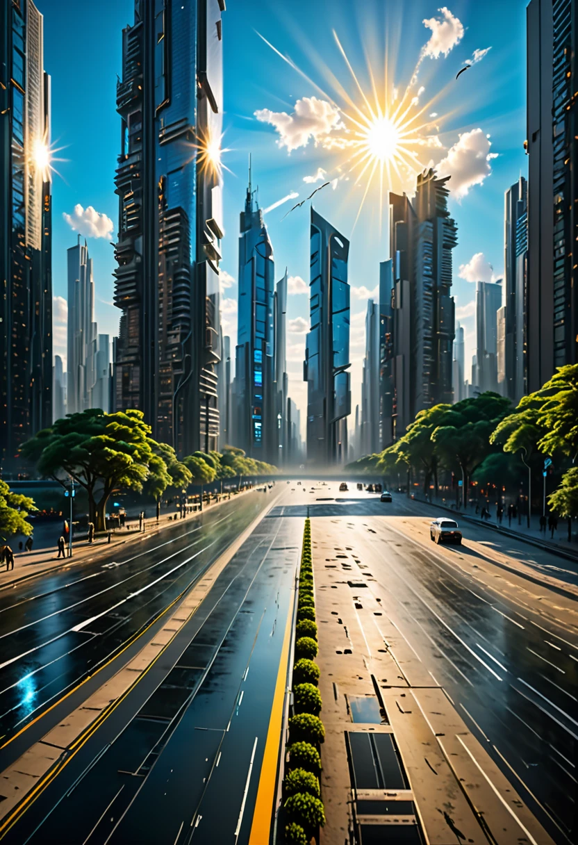 (best quality,4k,8k,highres,masterpiece:1.2),ultra-detailed,(realistic,photorealistic,photo-realistic:1.37),bird's-eye view,landscape,panoramic,expansive, vast, cityscape,skyscrapers,tall buildings,urban environment,traffic,streets,roads,people walking,flying birds,sunlight,shadows,soft clouds,blue sky,crisp details,intricate city layout,aesthetic,modern architecture,vibrant colors,gentle breeze,picturesque,daytime.