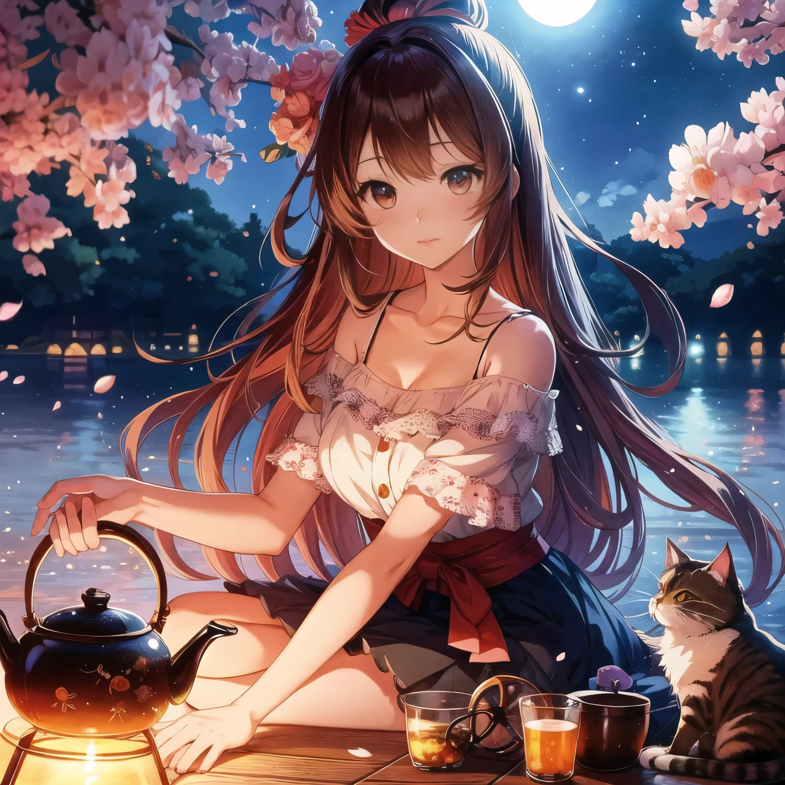 Anime girl with teapot and cat sitting on the pier, anime style 4k, Beautiful anime girl, Beautiful anime, night nucleus, anime pictures, 4k anime wallpaper, cute anime girl, anime long hair girl, HD anime wallpaper, Beautiful anime style, anime wallpaper 4k, anime wallpaper 4k, young anime girl, beautiful anime girl
