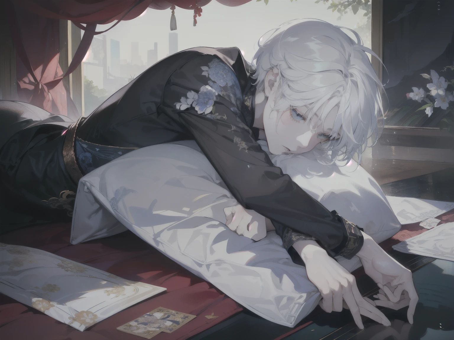 (whole body,night,record),masterpiece, 1 boy, lie down在床上的男人, In a dream, , (((record, lie down, night, white hair, short hair,covered with quilt)), super soft lighting, symmetry, complex, grace, high detail, realism, Art, concept Art,