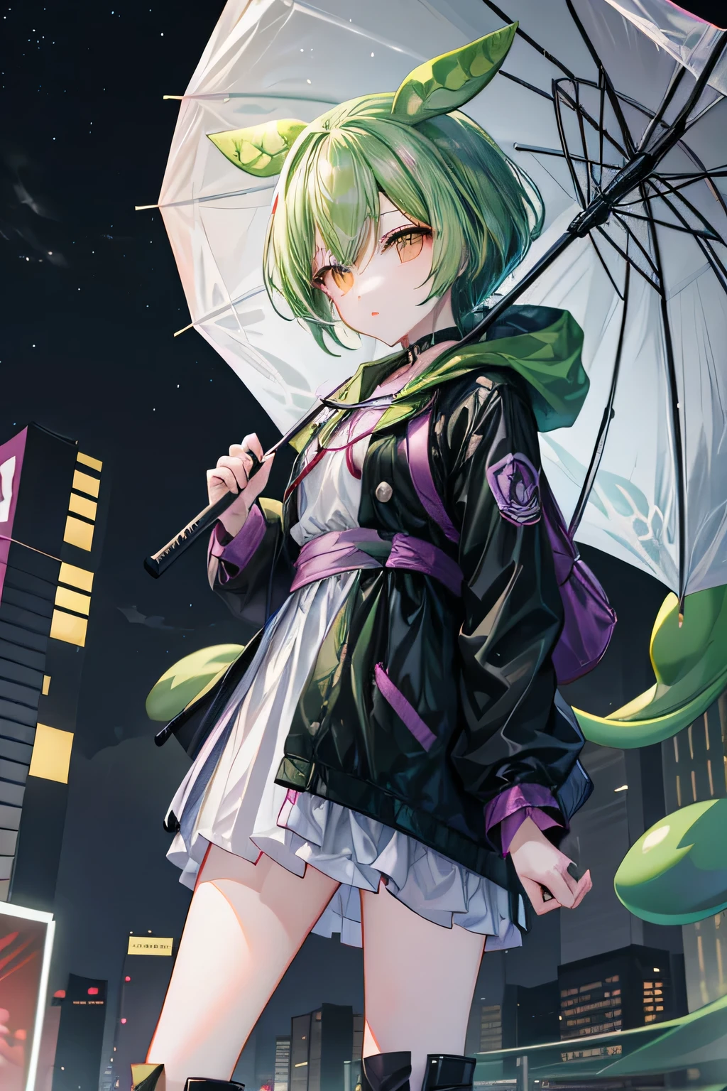 masterpiece,1 girl, dark green hair, eyes are yellow, Girl seen from the front, beautiful face, black jacket and boots, Looking down in the middle of the road with an umbrella in hand, rainが降っている, At night, In the city of Japan, in the center of a skyscraper, vision, anime style, design, starry sky, rain