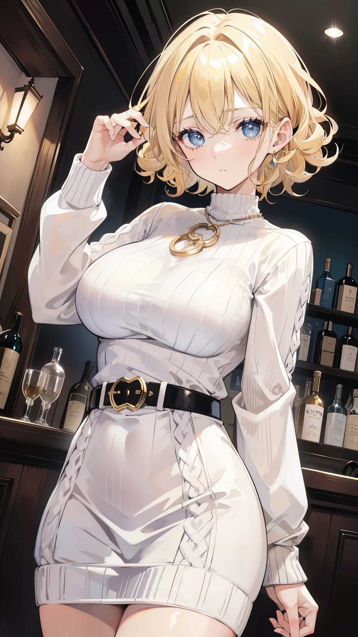 Mature European women，blond，blonde，(short blonde curly hair)，blue pupils，White knitted sweater，(White open-chest sweater)，high waist skirt，(Buckle belt)，in the bar，dim lights，(GLOOMY AMBIANCE)，Big breasts，cleavage
