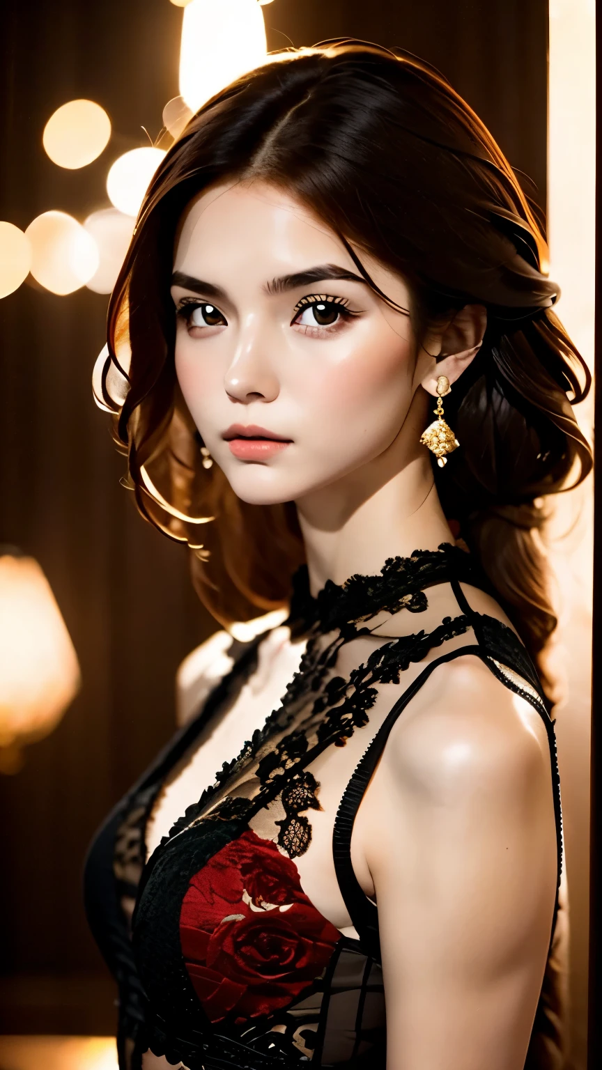 8k, RAW photo, fujifilm, Beautiful 20 year old woman style photo, square face, red rose on neck, wearing a red and black lace dress, gold earrings, Powerful features like a rotating pigeon, (highly detailed skin: 1.2), light medium brown hair, film grain, 35mm, cute style