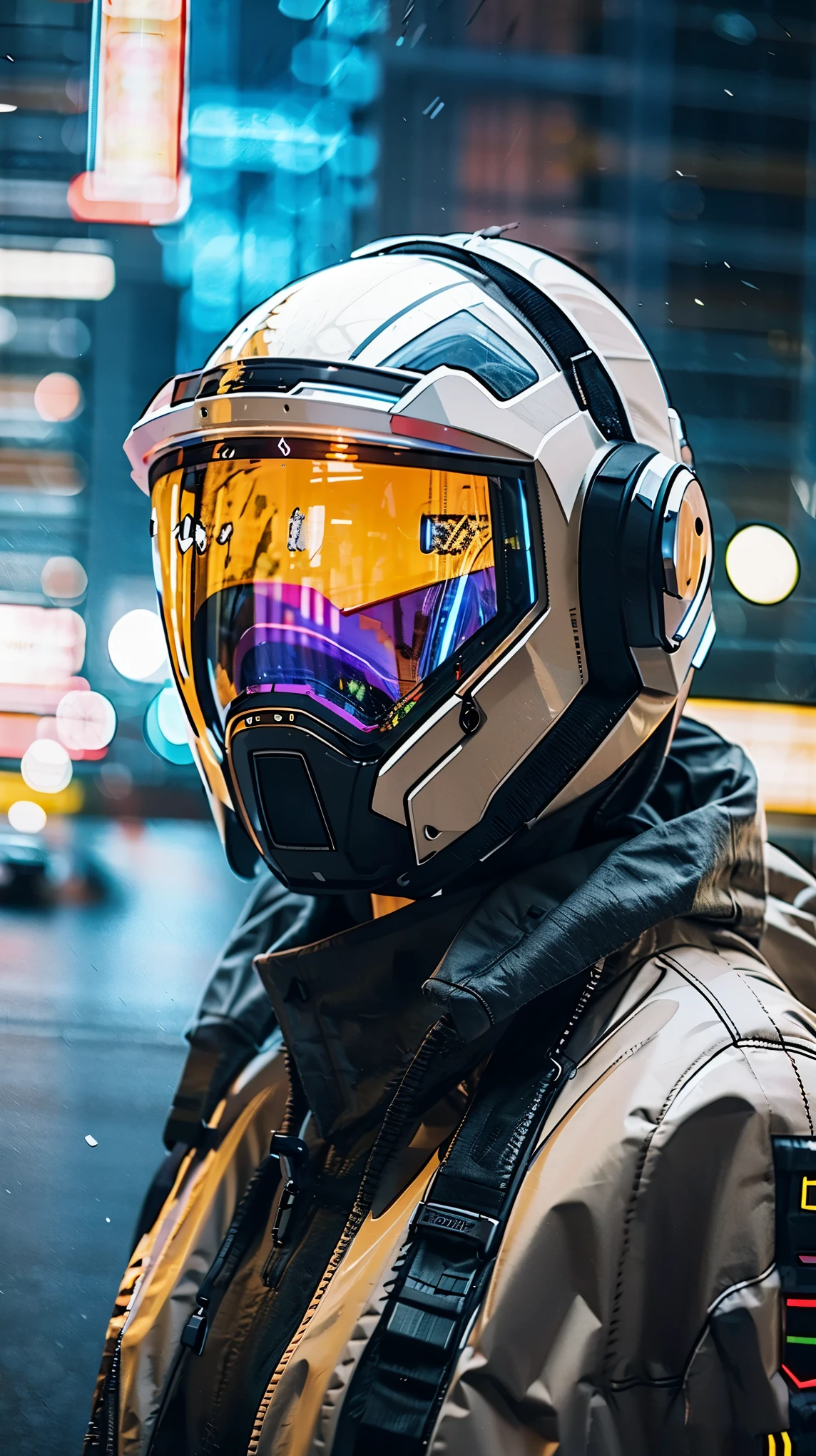 (Good structure),HDR,UHD,8K,1girl,Cyberpunk protective clothing,Cyberpunk gas mask,Cyberpunk protective helmet,A glowing helmet,Neon lights,Neon color,ground vehicle,helmet,night,Mask screen reflection,Oblique side close-up,machinery,Upper body,Cyberpunk,mecha,pilot suit,realistic,retro artstyle,science fiction