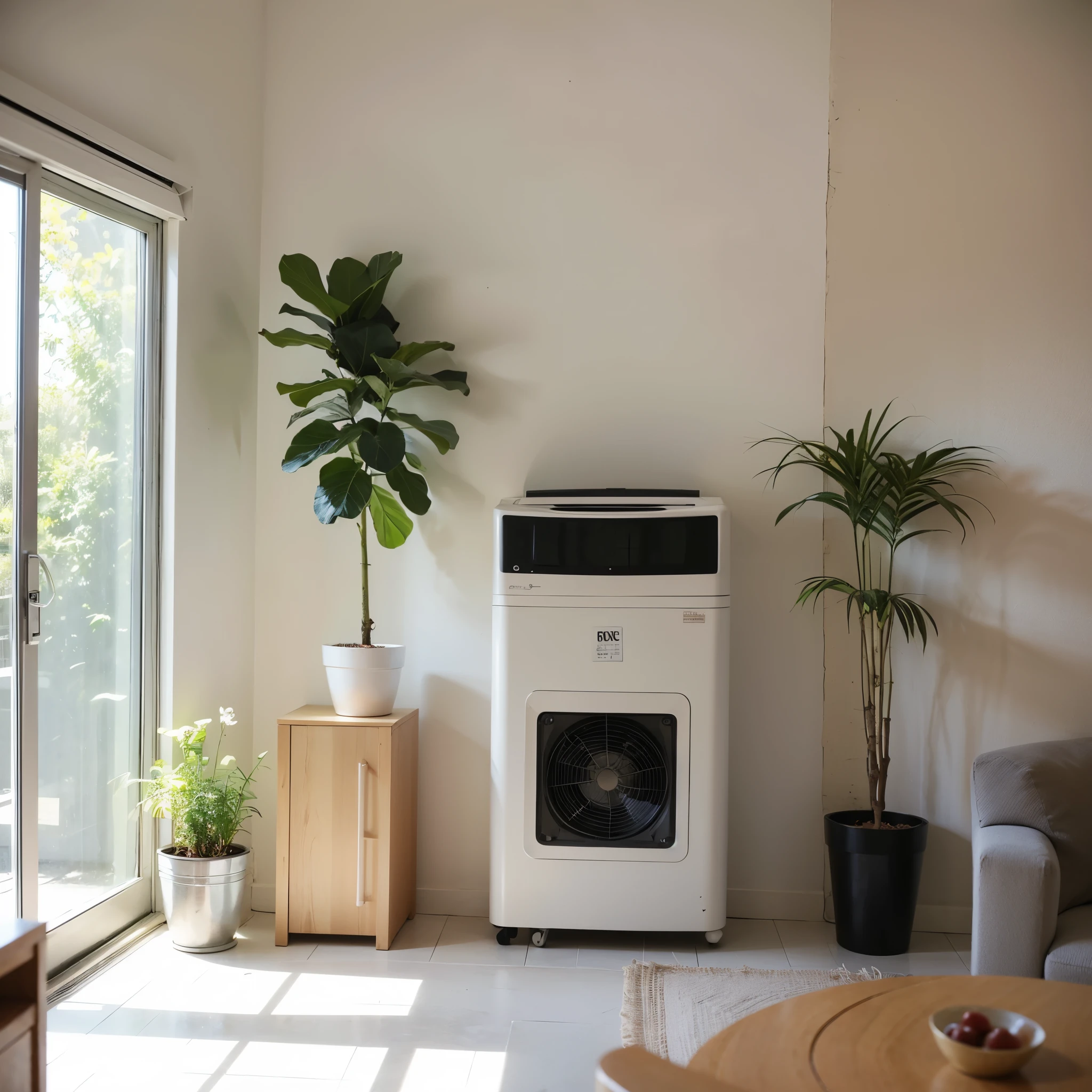 living room,Vertical air conditioning,plant,Sunlight,Modern minimalist design,pastel colors,Symmetric structure,telephoto lens,Front view,8K,