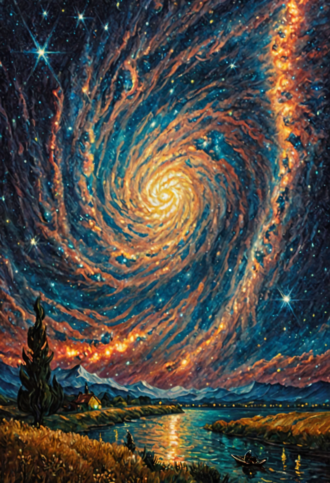 Colorful vincent van gogh starry night sky :: cinematic 16k resolution masterpiece illustration painting consisting of oil, watercolors and ink :: spiral galaxy in the sky :: alien invasion fleet :: frisco watercolors and oil sky raining shooting stars twinkling stars glistening stars glittery stars large full moon stars :: Ivan Aivazovsky Kentaro Miura Gustave Doré Greg Rutkowski romantic naturalism starry night landscape :: intricate motifs perfect composition masterpiece insanely-detailed extreme-detailed hyper-detailed beautiful volumetric deep rich colors volumetric lighting shadows Ray tracing smooth perfect texture :: james webb space telescope