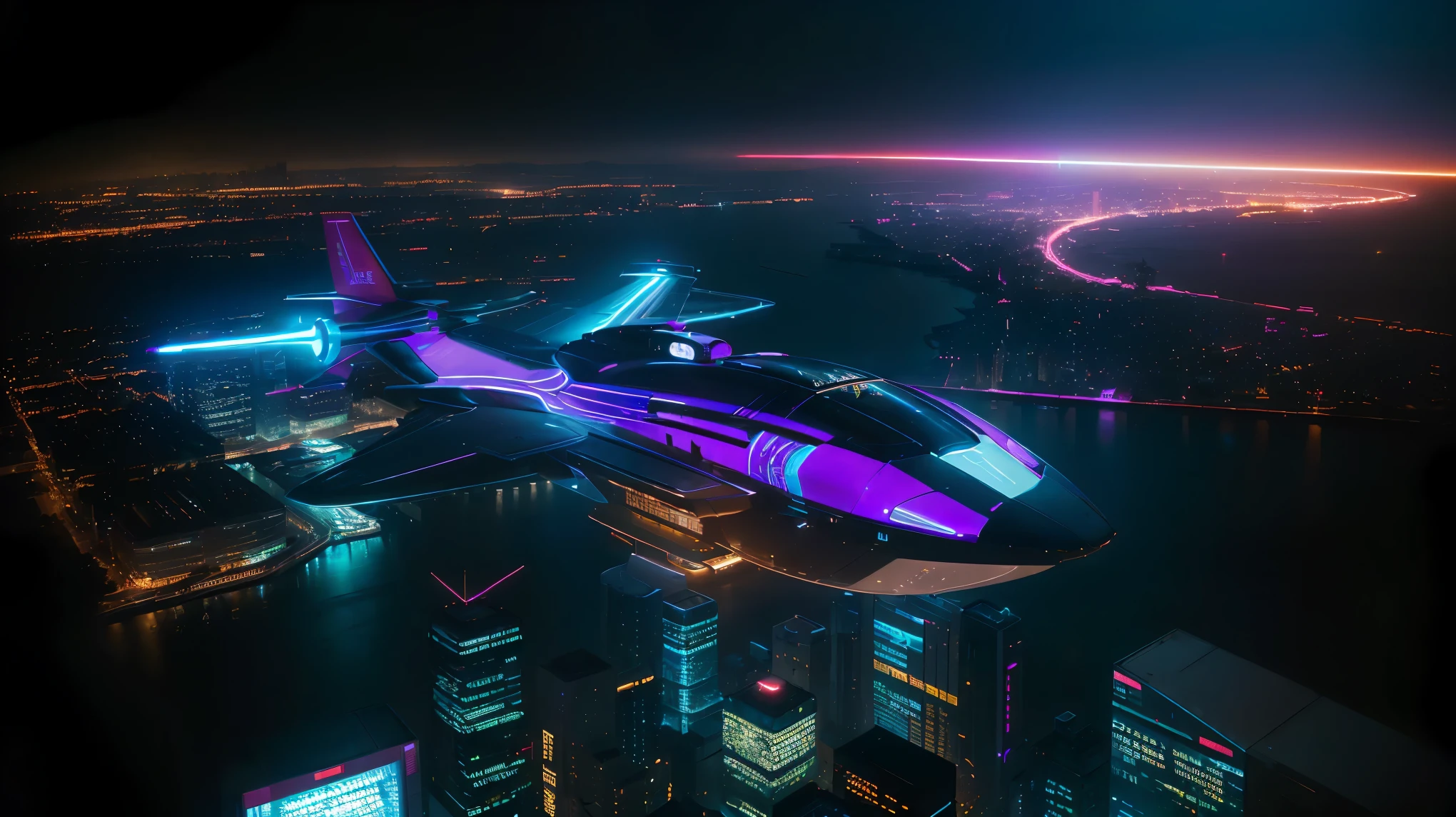 concept:(((This is an aerial photographic art work of a near-future city depicting a cyberpunk worldview.)))。 quality:(最高quality, 4K, 8K, High resolution, masterpiece:1.2), Super detailed, (realistic, フォトrealistic, フォトrealistic:1.37), illumination:cinematic light, Bright colors and mesmerizing effects, contrast between darkness and bright light, shadows and highlights, SF elements, Subject information:Aerial photo of Cyber City, from above, skyscraper, futuristic architecture, glowing neon lights, amazing skyline, advanced technology, ((hovering vehicle, flying drone)), (((from aboveの視点で描く美麗なサイバーシティのイメージ:1.3))) Other details:lively atmosphere, holographic advertising, cyberpunk aesthetics, bluish tones, some stars shining in the sky, space background, Emerging Technologies, urban density, energy and excitement, metropolis of the future, eye-catching composition, neon glow, rich colors, smooth brush stroke technique, detailed texture, Impressive scale, (((cyberpunk design))), elaborate design, Impressive scale, 大気illumination, Captivating details, captivating visuals, 芸術的なmasterpiece, 500㎜, f/4, photo shoot,