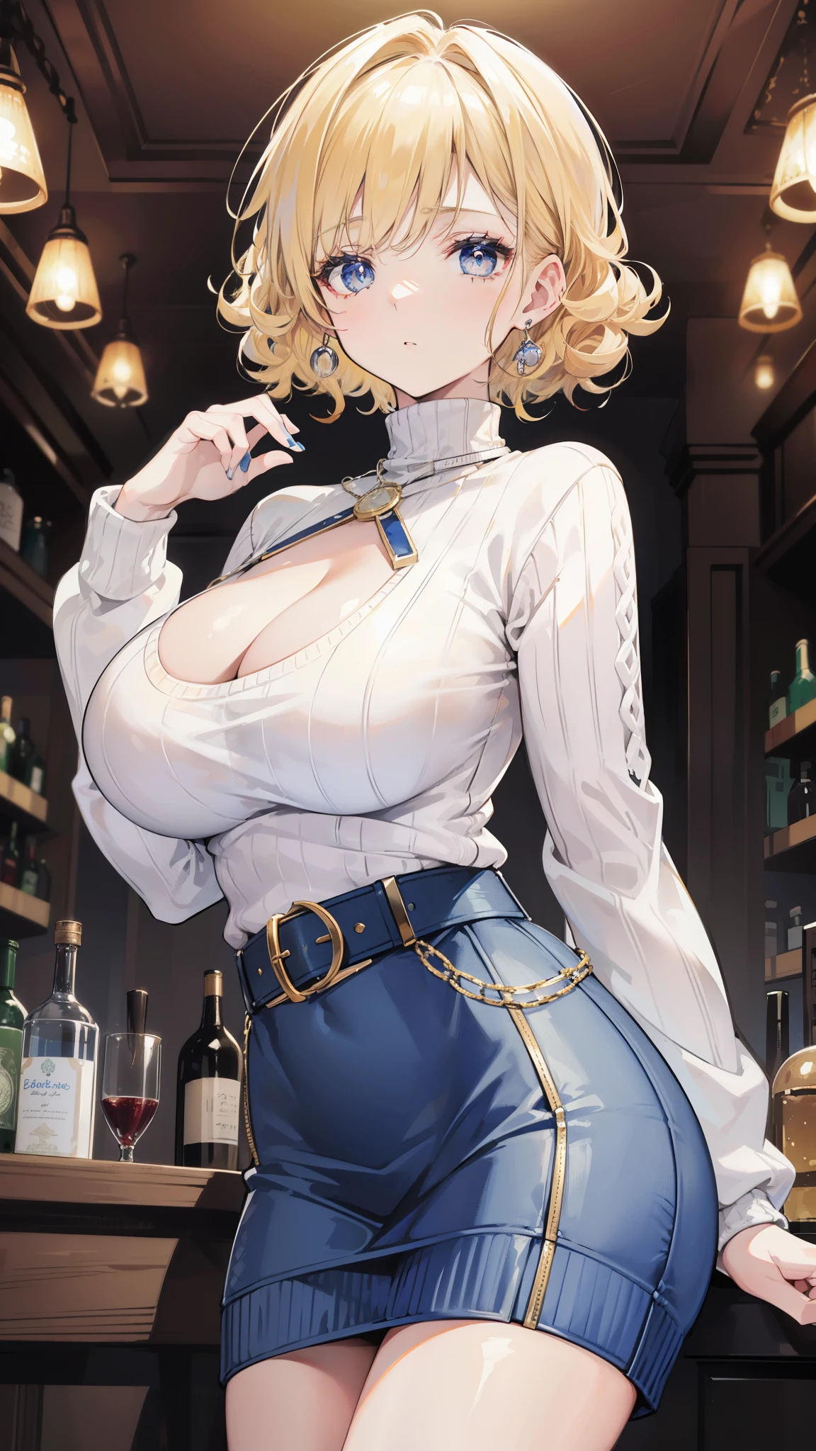 Mature European women,blond,blonde,(short blonde curly hair),blue pupils,White knitted sweater,(White open-chest sweater),high waist skirt,(Buckle belt),in the bar,dim lights,(GLOOMY AMBIANCE),Big breasts,cleavage