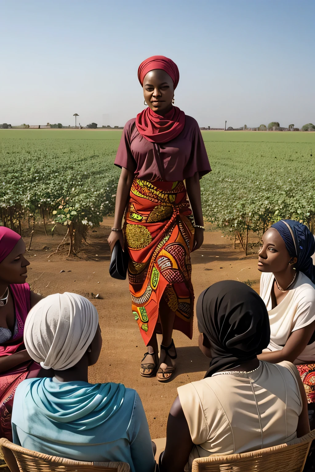 an African woman with headscarf leading a meeting with 4 women in the cotton field