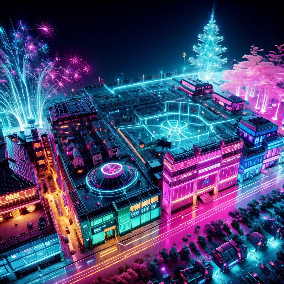 Village illuminated by neon lights，glowing animals and plants，Houses are circuit boards，Street lamps flow with liquid light，((Aerial viewing angle:1.5))
