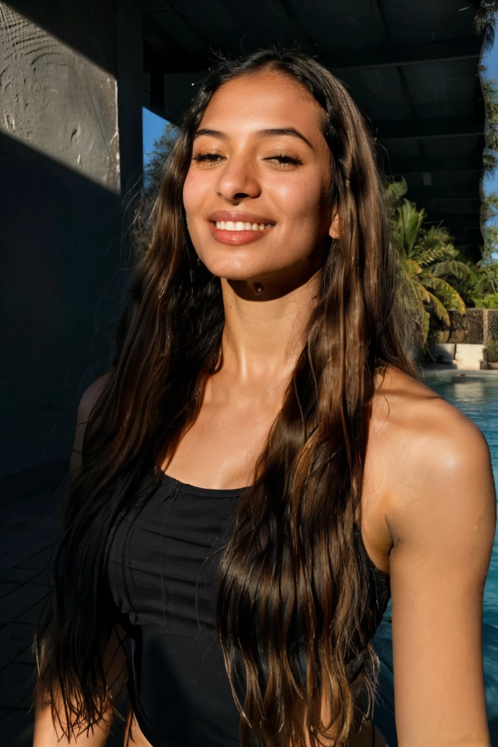 RAW photo, front face portrait photo of beautiful 26 y.o Indian woman, long black hair, cute face, wearing black two piece swimsuit, happy face, hard shadows, cinematic shot, dramatic lighting