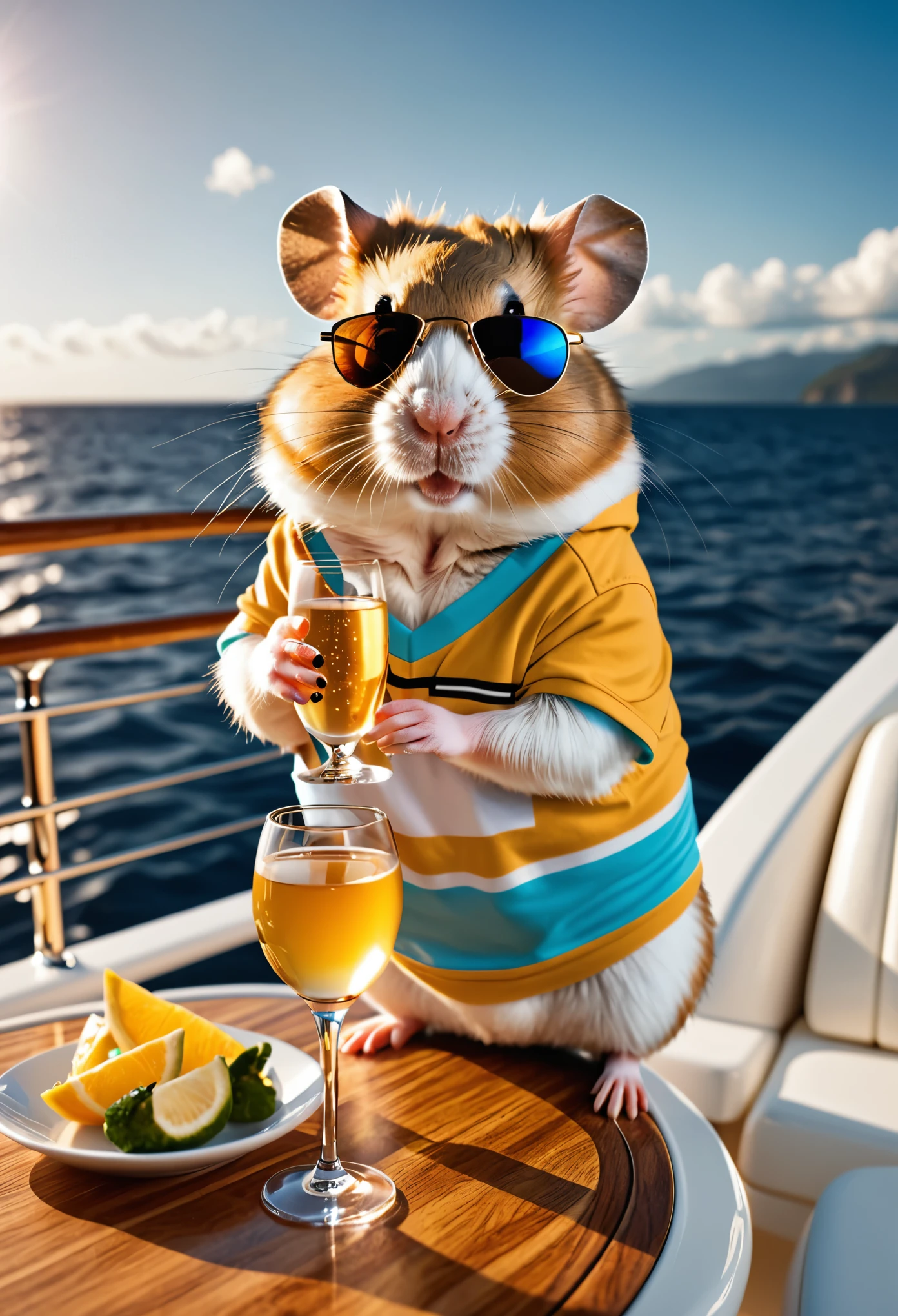 photorealistic cute hamster,on expensive yacht in a deep ocean,drinking champain,wearing colorful modern tshirt,Wearing an expensive golden watch and expensive sunglasses,