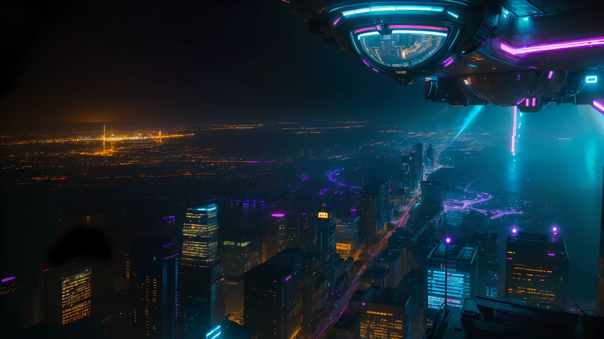 concept:(((This is an aerial photographic art work of a near-future city depicting a cyberpunk worldview.)))。 quality:(最高quality, 4K, 8K, High resolution, masterpiece:1.2), Super detailed, (realistic, フォトrealistic, フォトrealistic:1.37), illumination:cinematic light, Bright colors and mesmerizing effects, contrast between darkness and bright light, shadows and highlights, SF elements, Subject information:Aerial photo of Cyber City, from above, skyscraper, futuristic architecture, glowing neon lights, amazing skyline, advanced technology, ((hovering vehicle, flying drone)), (((from aboveの視点で描く美麗なサイバーシティのイメージ:1.3))) Other details:lively atmosphere, holographic advertising, cyberpunk aesthetics, bluish tones, some stars shining in the sky, space background, Emerging Technologies, urban density, energy and excitement, metropolis of the future, eye-catching composition, neon glow, rich colors, smooth brush stroke technique, detailed texture, Impressive scale, (((cyberpunk design))), elaborate design, Impressive scale, 大気illumination, Captivating details, captivating visuals, 芸術的なmasterpiece, 500㎜, f/4, photo shoot,