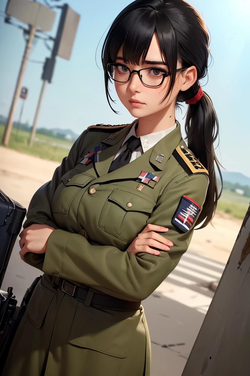 Modest outfit, remote shot, detailed beautiful delicate face, detailed beautiful delicate eyes, perfect facial proportions, high-definition skin, fine skin, four-inch best ratio. With one thumb, a masterpiece, highly detailed, realistic, (World War II German general uniform reference : 1.8), the highest face resolution, adult, modestly dressed woman, dressed entirely, ( small, black hair, black straight bangs, super fine braids, straight bangs, red glasses, dark green eyes), future, science fiction, fighter plane, standing On the landing of a fighter plane, the government agency, a deep intelligent personality, a calm expression, a respectful face, a war, a fighter plane