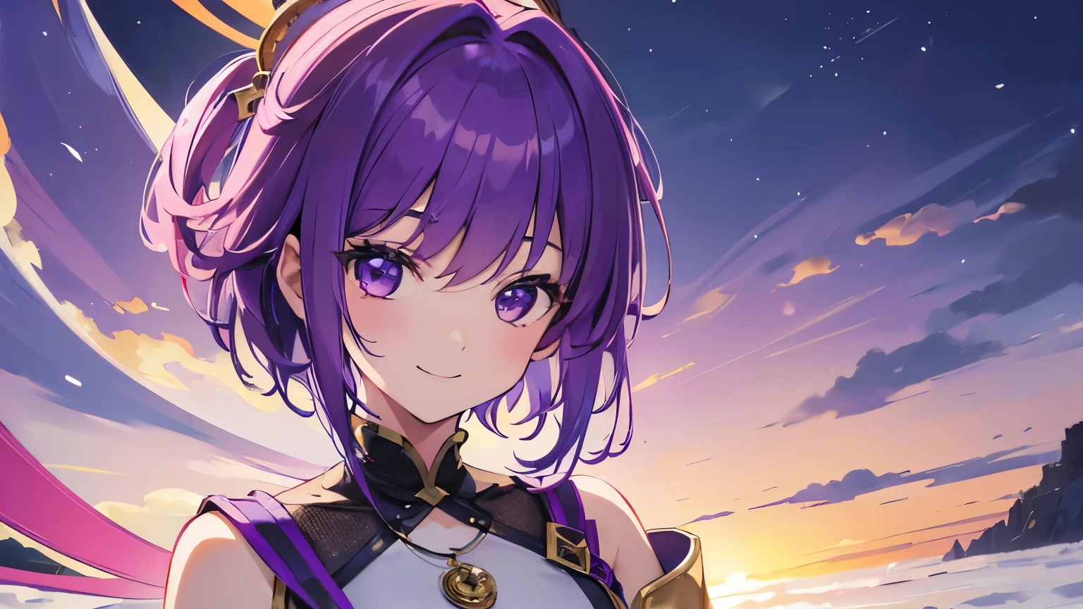 (T Masterpiece，4k wallpaper，best quality))、((girl１people))、(solo)、Shining and vivid，(purple hair)、(shortcut:1.3)、smile、middle ages、Princess