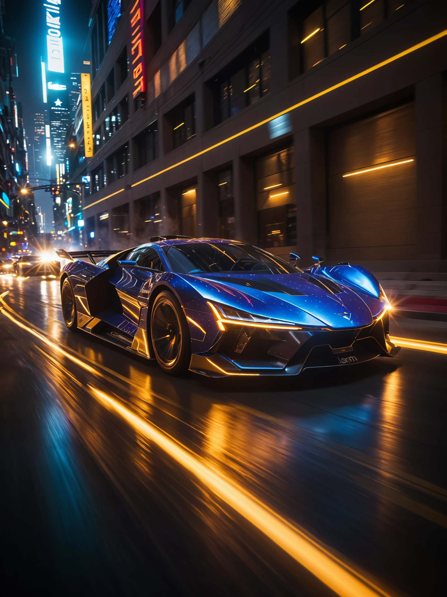 a sci-fi sportscar passing by, light speed, flash, motion trail, a shining star(sun) in the background, motion blur, epic visual effects, interstellar, flow, detailed, scifi, star blast, dark vibrant colors, cosmic art, stars in background, cinematic scene, lens flare, god rays, glow, art of Doug Chiang and John Park glowneon, glowing, sparks, lightning, ultra detailed dramatic lighting