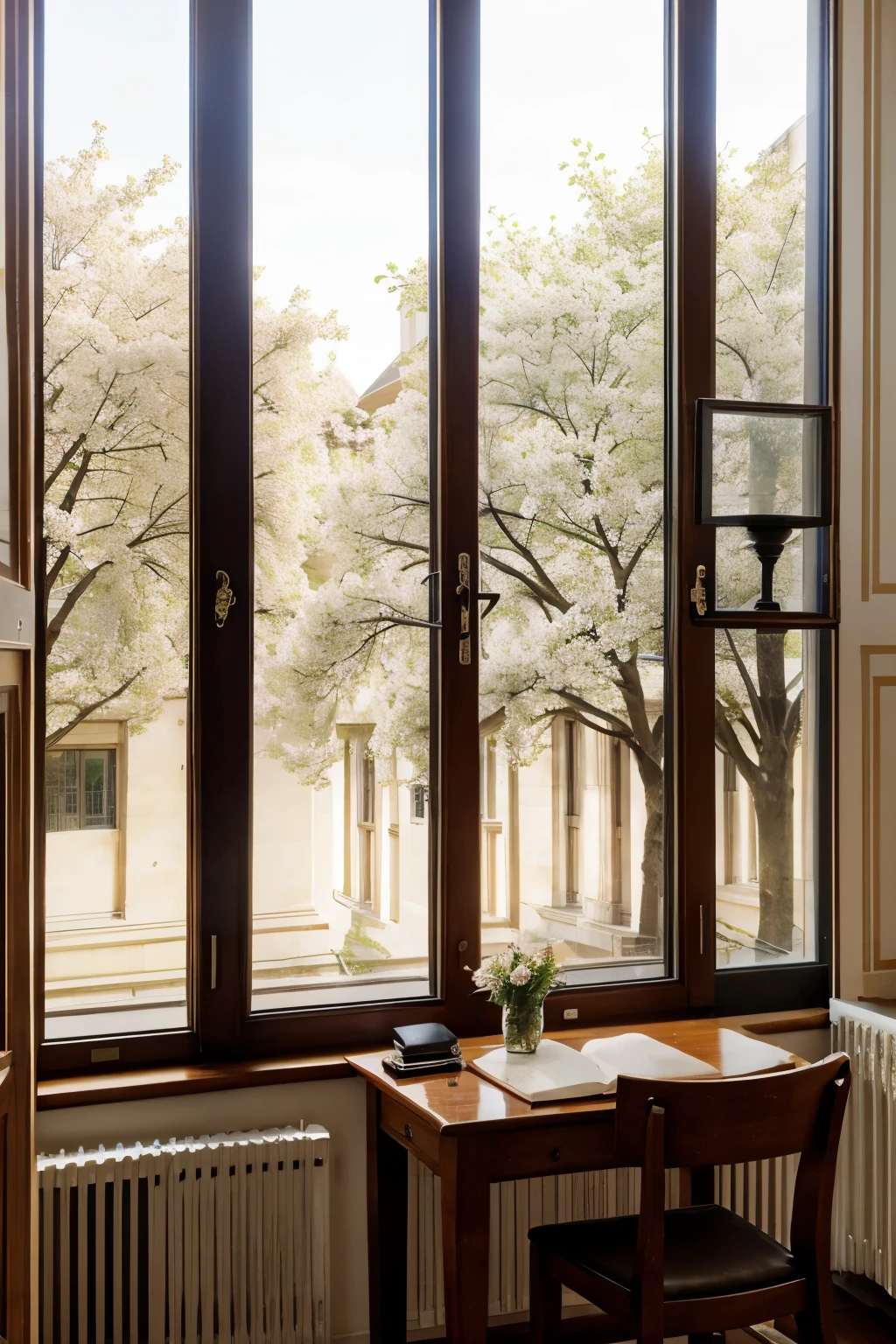 From a chair & table in Classical Library at a Window side where a flower tree can be seen