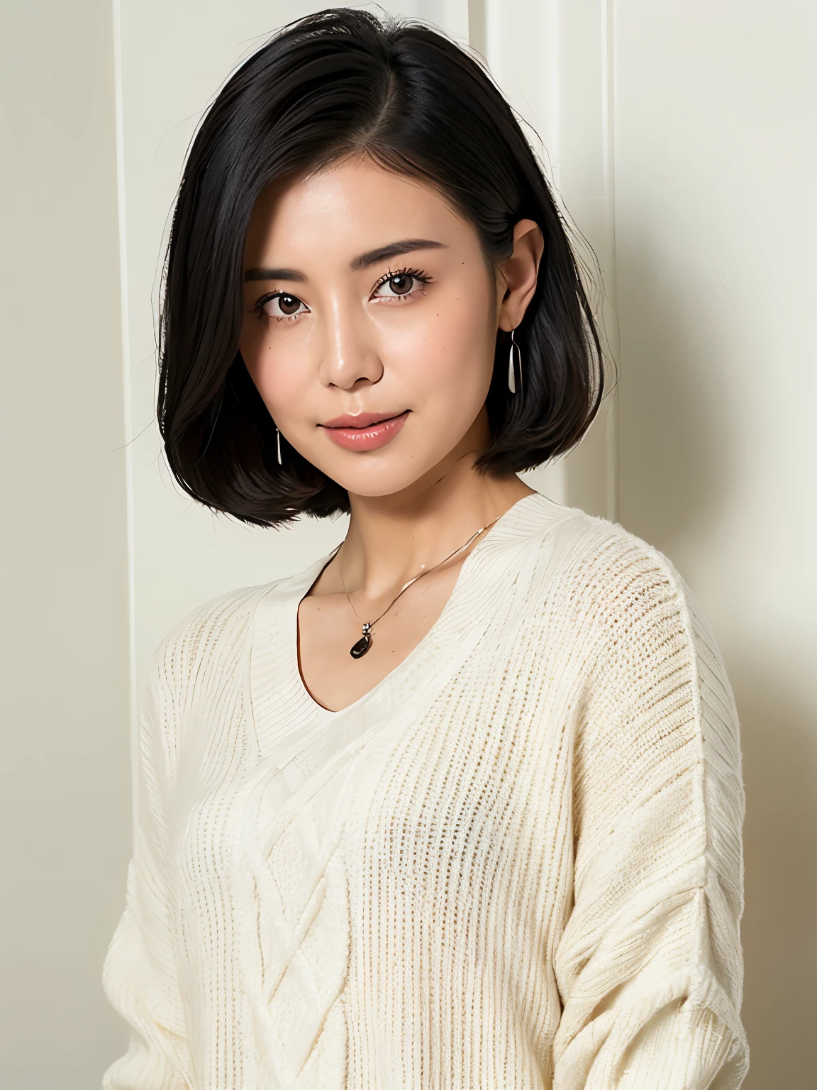 (8K, top quality, Masterpiece:1.2), (realistic, Realism:1.37), Super detailed, natural sunlight, Medium chest, valley, 1 person, 35 year old female, black hair, pendant, torn shorts, Light color knitted V-neck shirt, Extremely detailed face and skin, delicate eyes, Extremely detailed face and skin)、autumn clothes、winter clothes、 necklace、winter clothes、sweater、一个black hair的、medium hair、beaver、pose variada beautiful side profile:1.3)、natural color lips、Don't look at the camera、white wall、Taken in front of the white door、(有窗的white wall房间)