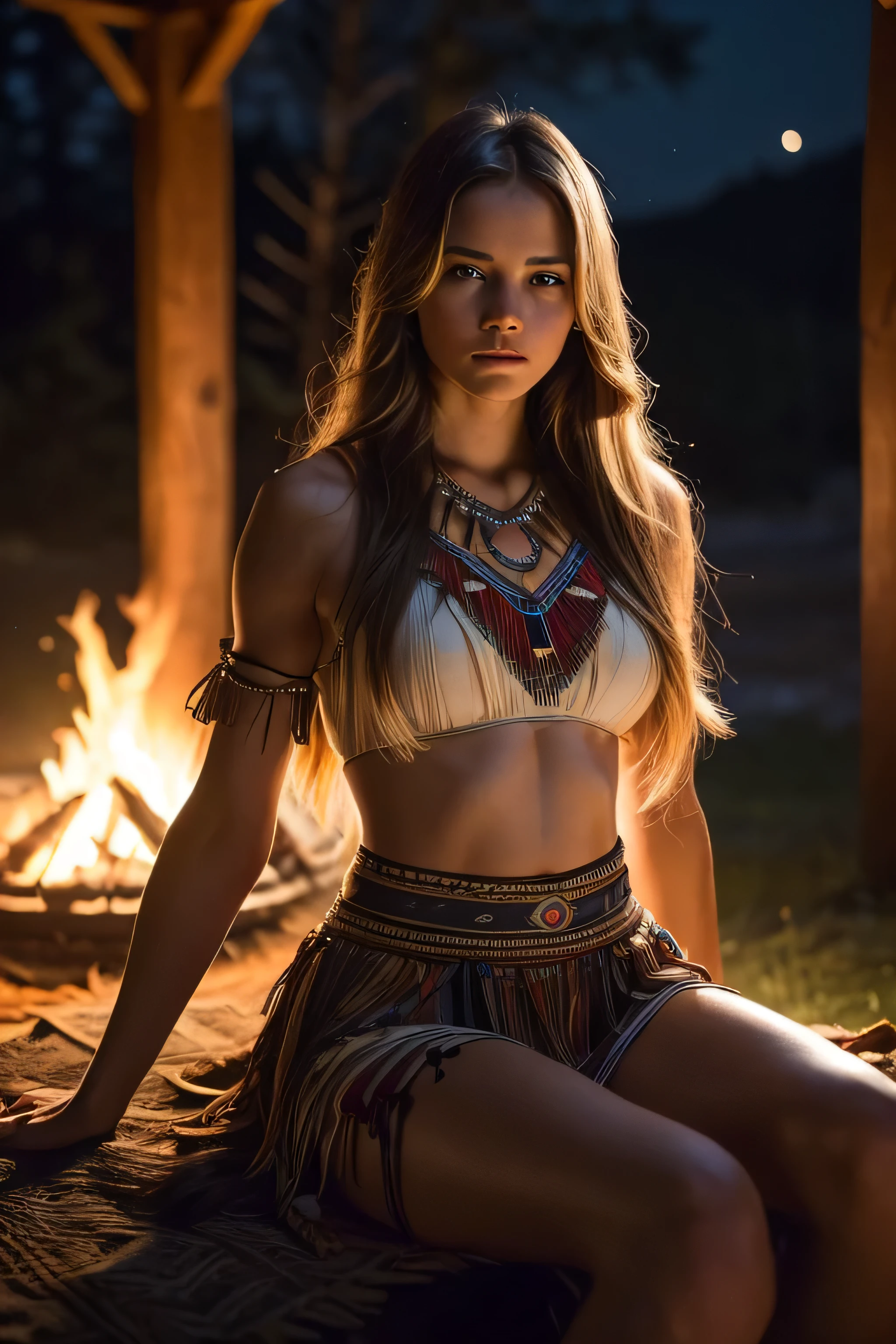 (cinematic photograph of a detailed beautiful 18-year old woman with ((facial and body characteristics that is similar to Kristina Pimenova))), (), ((Native American Indian Storyteller Narrative: Theme: Narrating tales through visuals. Clothing: Clothing inspired by traditional storytelling, no top,. Scene: A storytelling setting with a campfire or under a starlit sky. Props: Traditional storytelling props, like a drum or a feathered quill.)), (), (), finely detailed, ultra-realistic features of her pale skin and (slender and athletic body), and (symmetrical, realistic and beautiful face), candid, (), (), (()), (), film stock photograph, rich colors, hyper realistic, lifelike texture, dramatic lighting, strong contrast