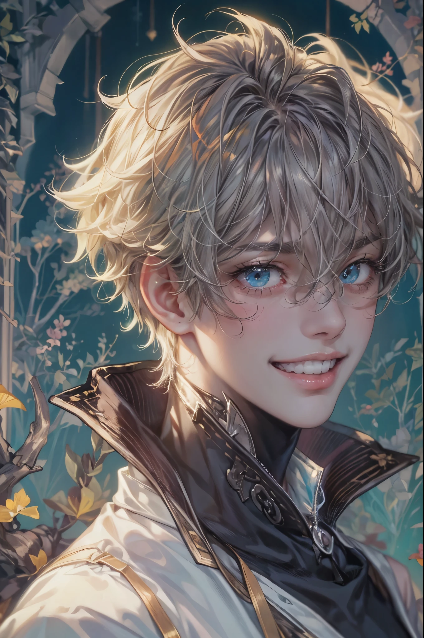 ((Best quality)), ((masterpiece)), (detailed), ((perfect face)), ((halfbody)) handsome face, male, teen boy, perfect proportions , a male version character from tales of the rays, short hair, male version, creepy smile, detailed eerie background, detailed eerie scenery