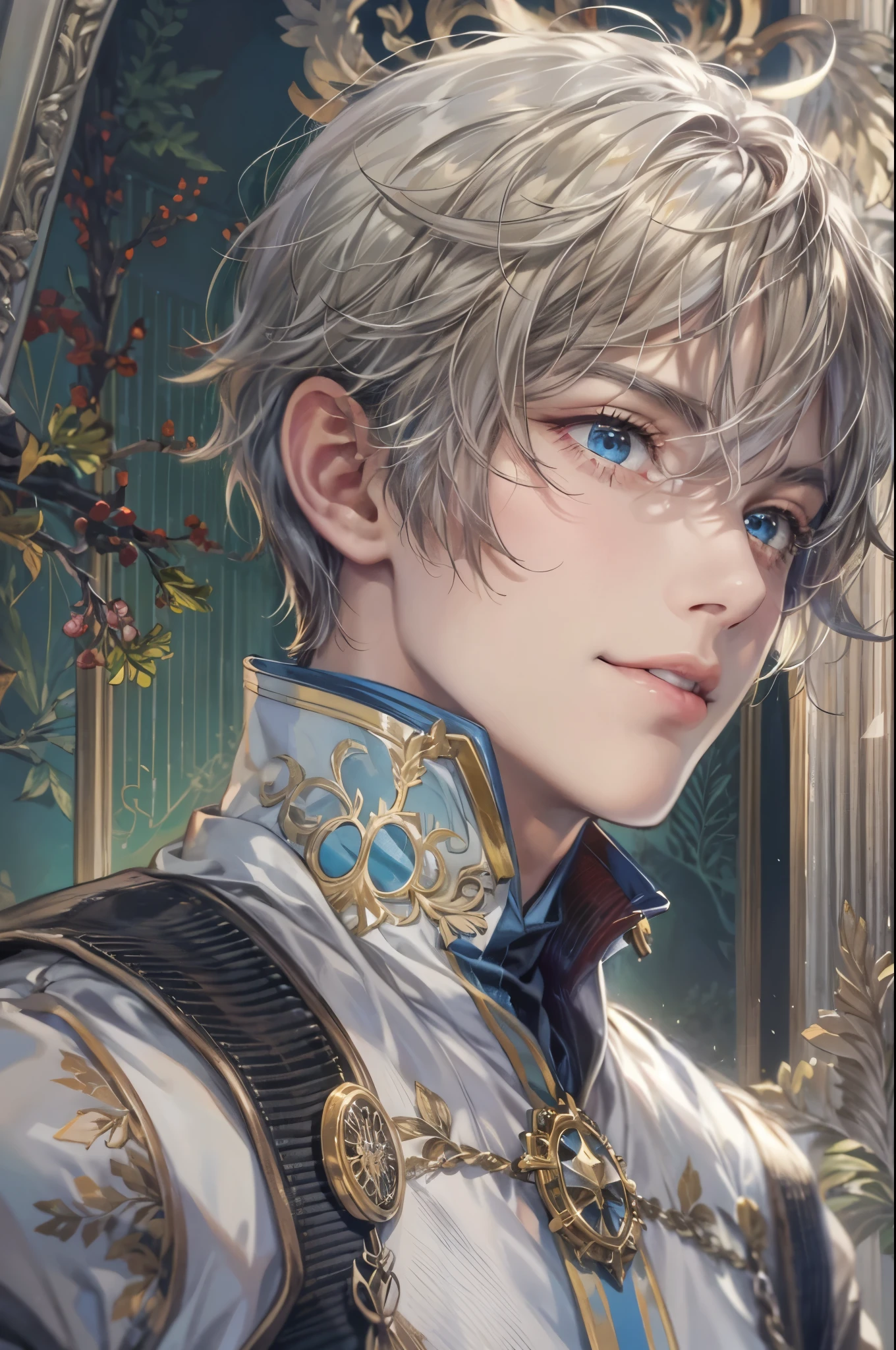 ((Best quality)), ((masterpiece)), (detailed), ((perfect face)), ((halfbody)) handsome face, male, teen boy, perfect proportions , a male version character from tales of the rays, short hair, male version, creepy smile, detailed eerie background, detailed eerie scenery