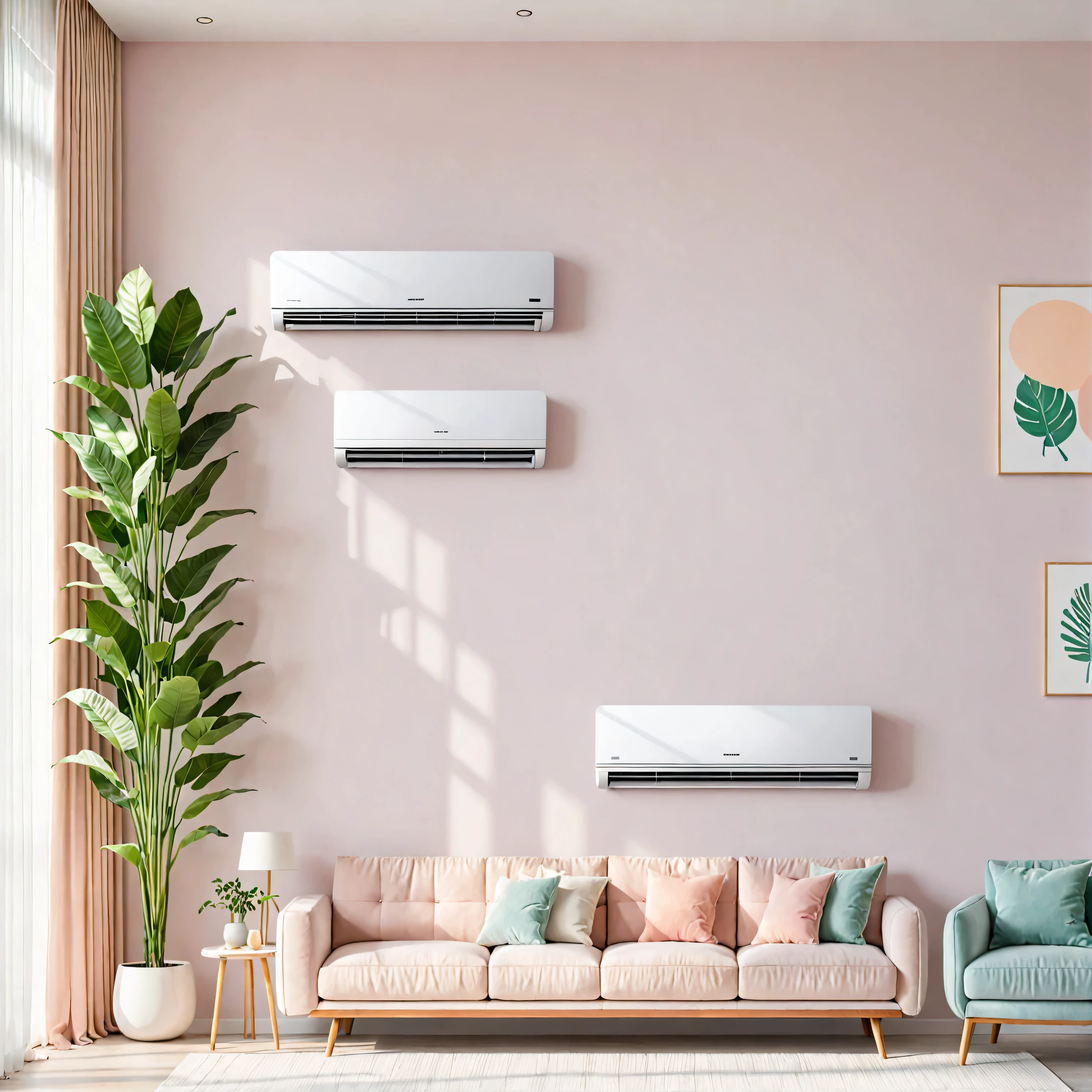 Vertical air conditioner next to the sofa，living room，plant，Sunlight，Natural light，modern style，simple design，pastel colors，Symmetric structure，telephoto lens，imagine，Front view，masterpiece，8k，