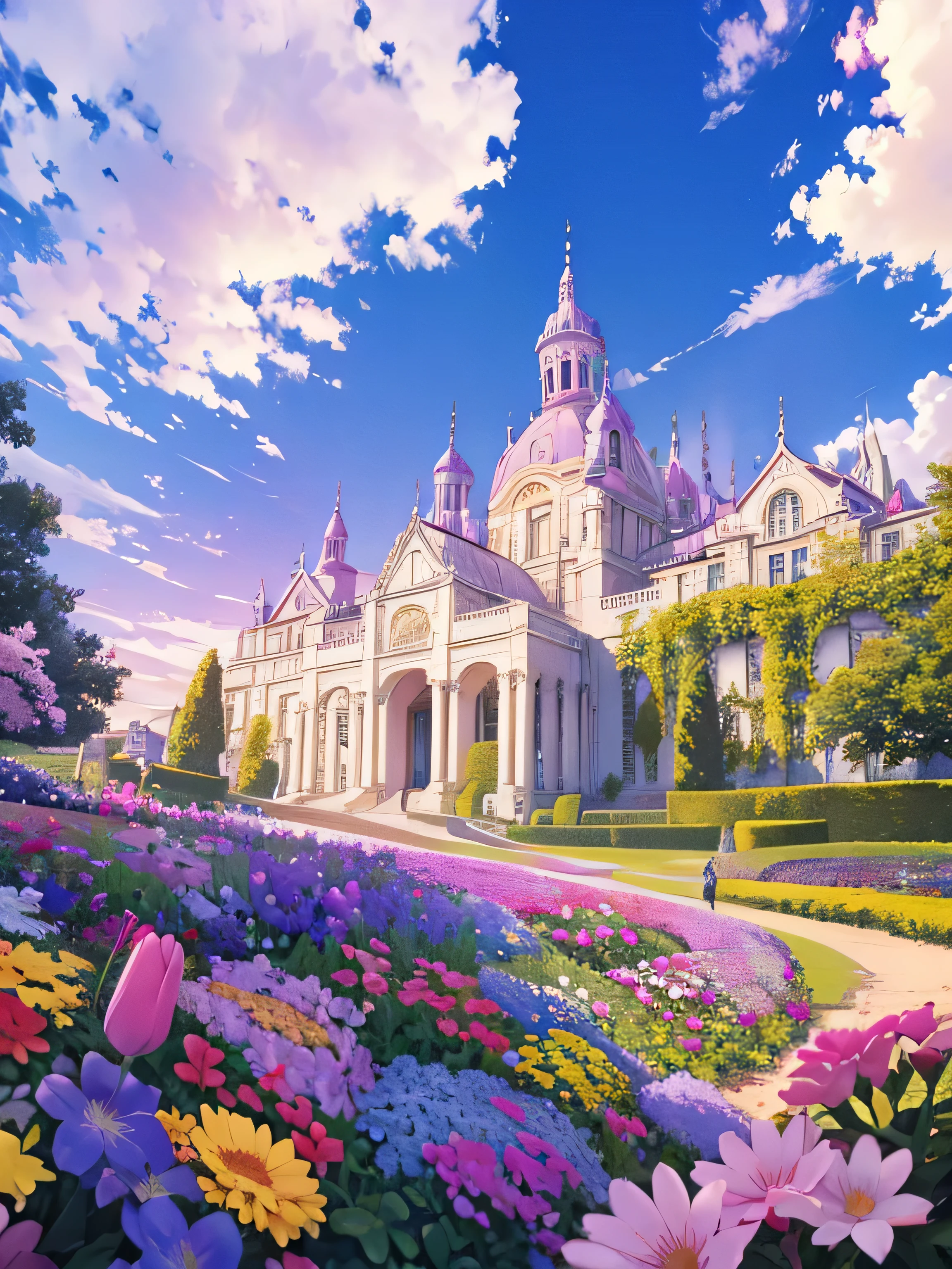 purple, blue, pink, yellow sky background, palace behind, colorful flower garden