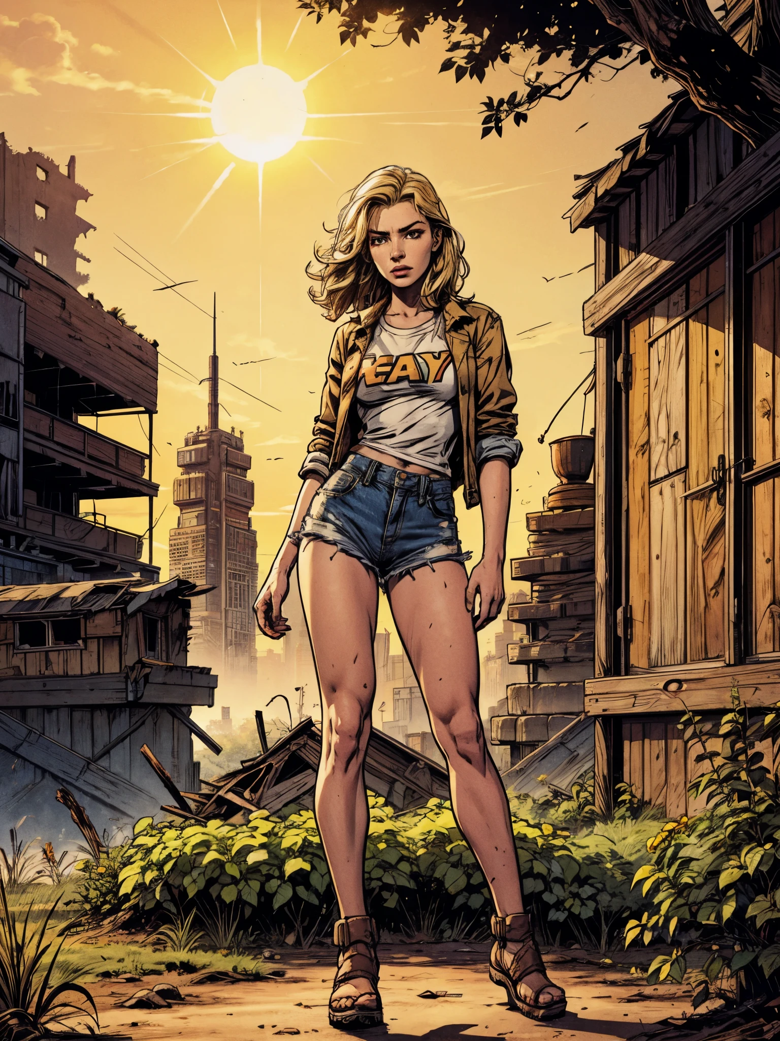 2076 year. The  Ruins of the Wasteland, Female huntress picking fruit in the garden, beautiful face, blonde, badly torn shirt and denim shorts ,  long legs, sweating through, sun rising, Nice warm colors, head to toe, full body shot, pretty hands, perfect fingers,