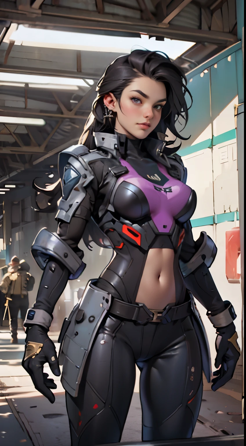 Woman body defined thick thighs cybernetic body parts, short underwear
