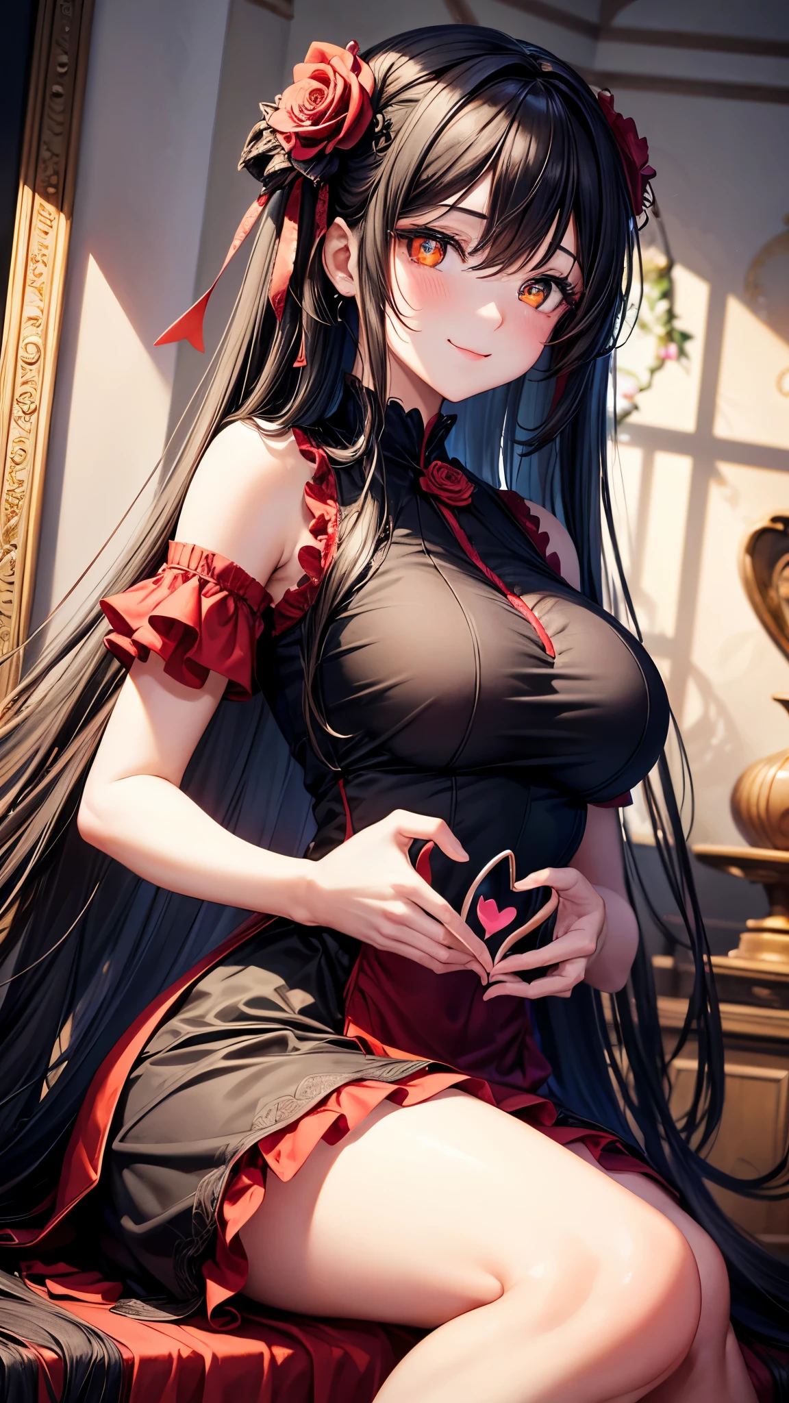 perfect anatomy, masterpiece:1.2, best quality, 8k, beautiful detailed grow, daydreaming expression, (((heart in hands))) close-up face (a straight black hair long hair femdom cute girl, 17 yo, bigboobs, love smile), ((ultra-cute heart-shaped pupils eyes)), in a cute red rose dress, long skirt, in the enchanted room.